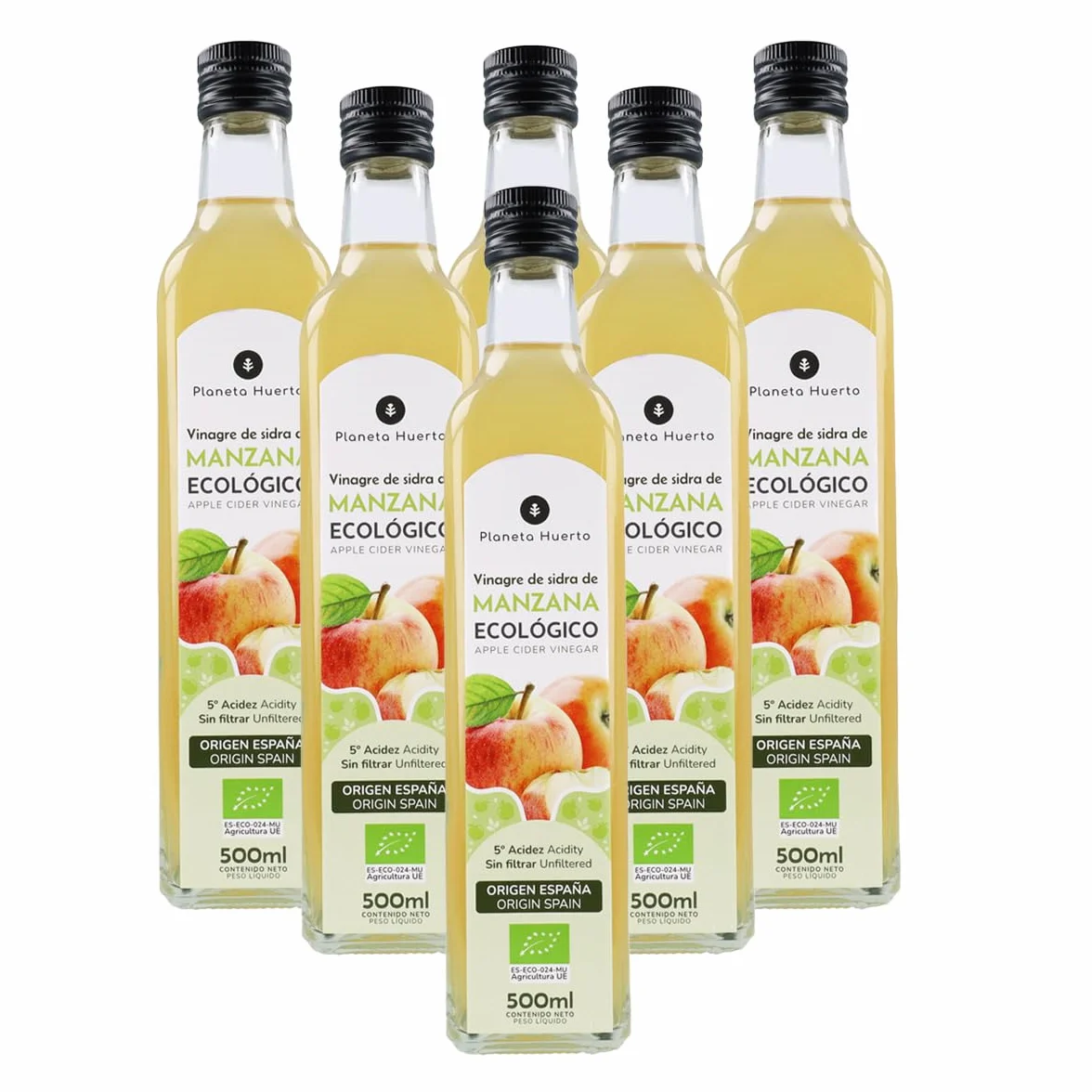 PLANETA HUERTO Pack 6x Vinagre de Sidra de Manzana Sin Filtrar ECO 500 ml