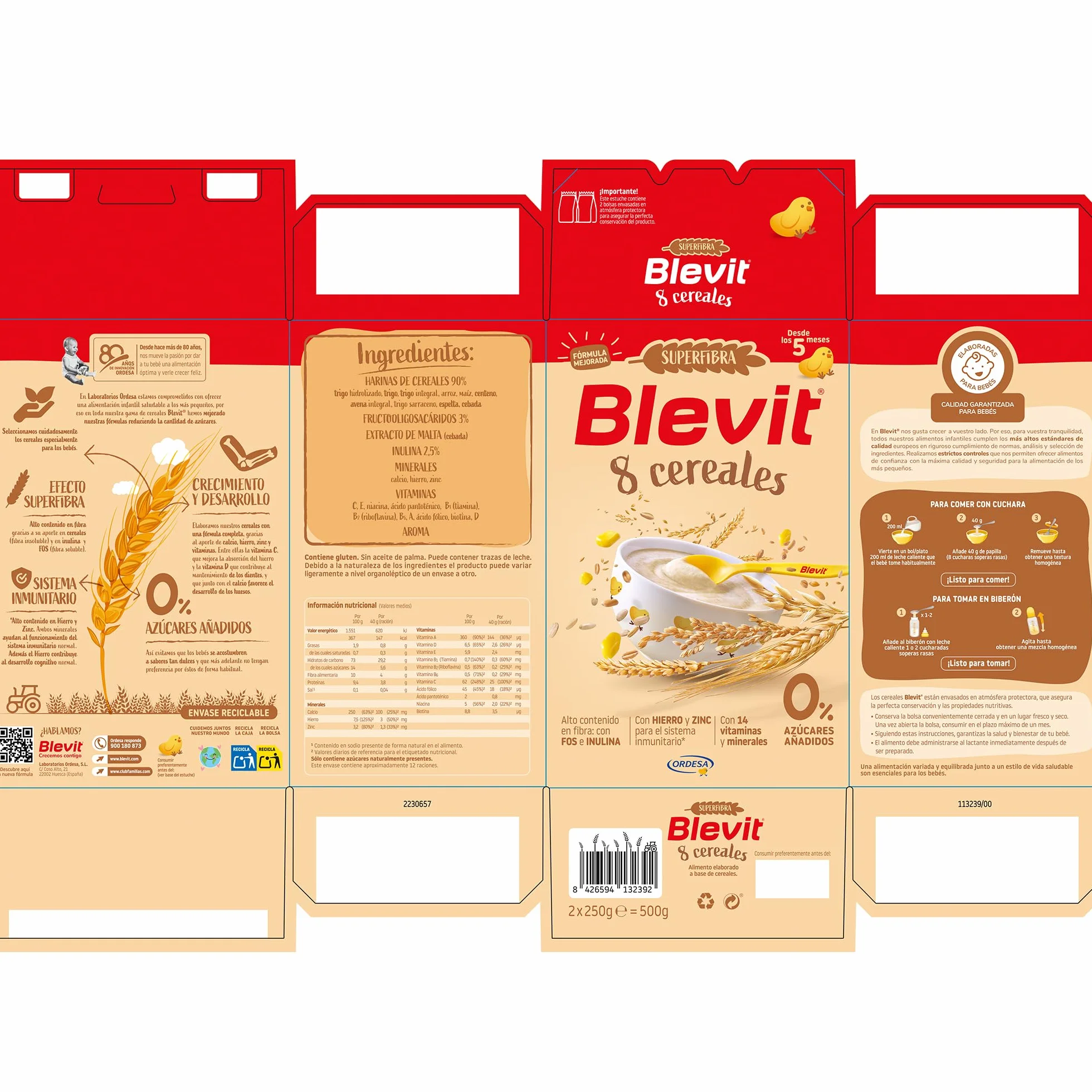 Blevit Superfibra 8 Cereales 500g Papilla para Bebé 5 Meses con Vitaminas, Minerales y Fibra