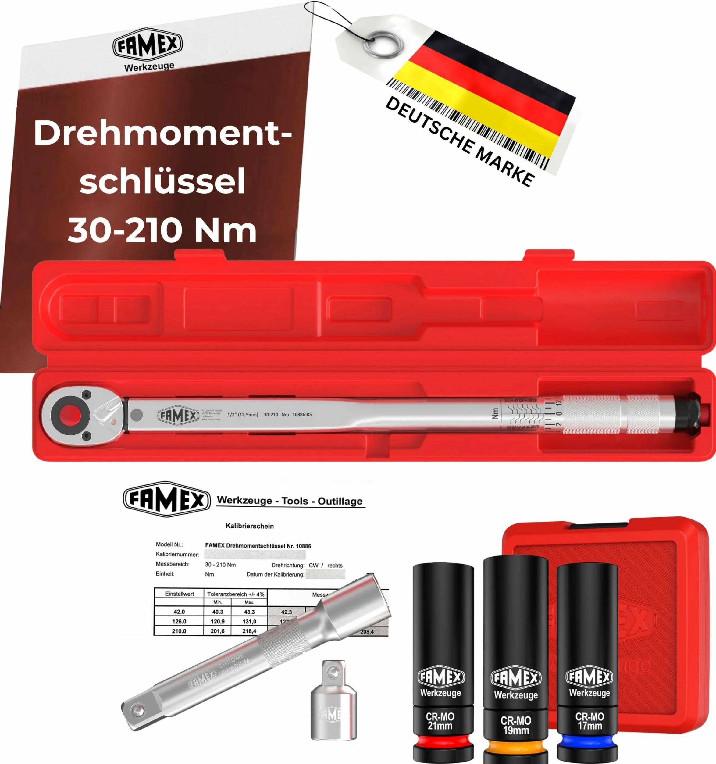 FAMEX 10886-3N-KS Llave dinamométrica 1/2" (12,5 mm) | 30-210 Nm con certificado de calibración - Juego de ahorro con inserciones suaves para tornillos de rueda | para coches y furgonetas
