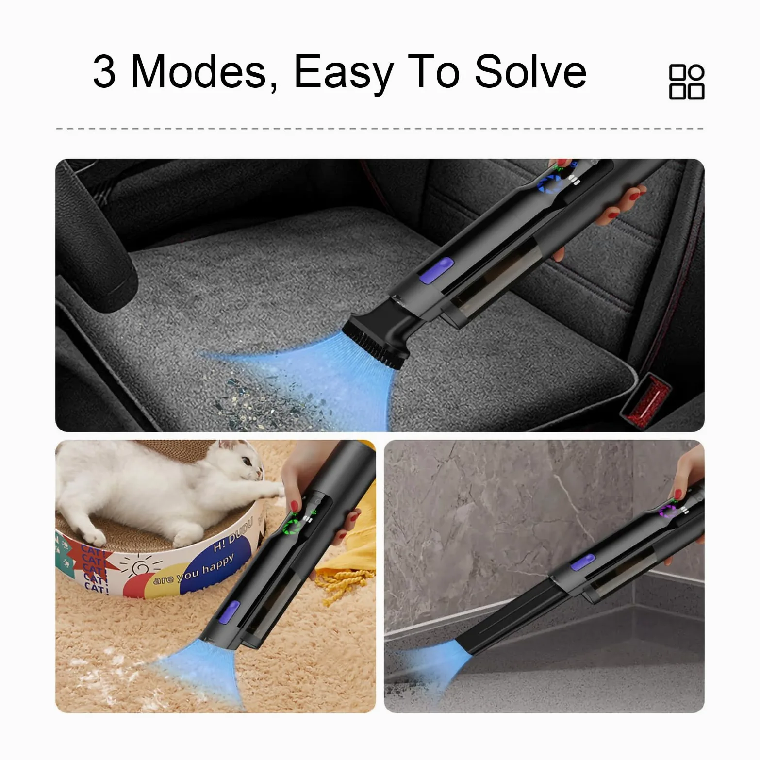 Aspiradora para Coche con Potente succión de 17000 Pa, Modo de luz Verde, 2500 mAh*3, 2 en 1 con boquillas de inflado, autonomía de 40 Minutos, para Coche y hogar,Black