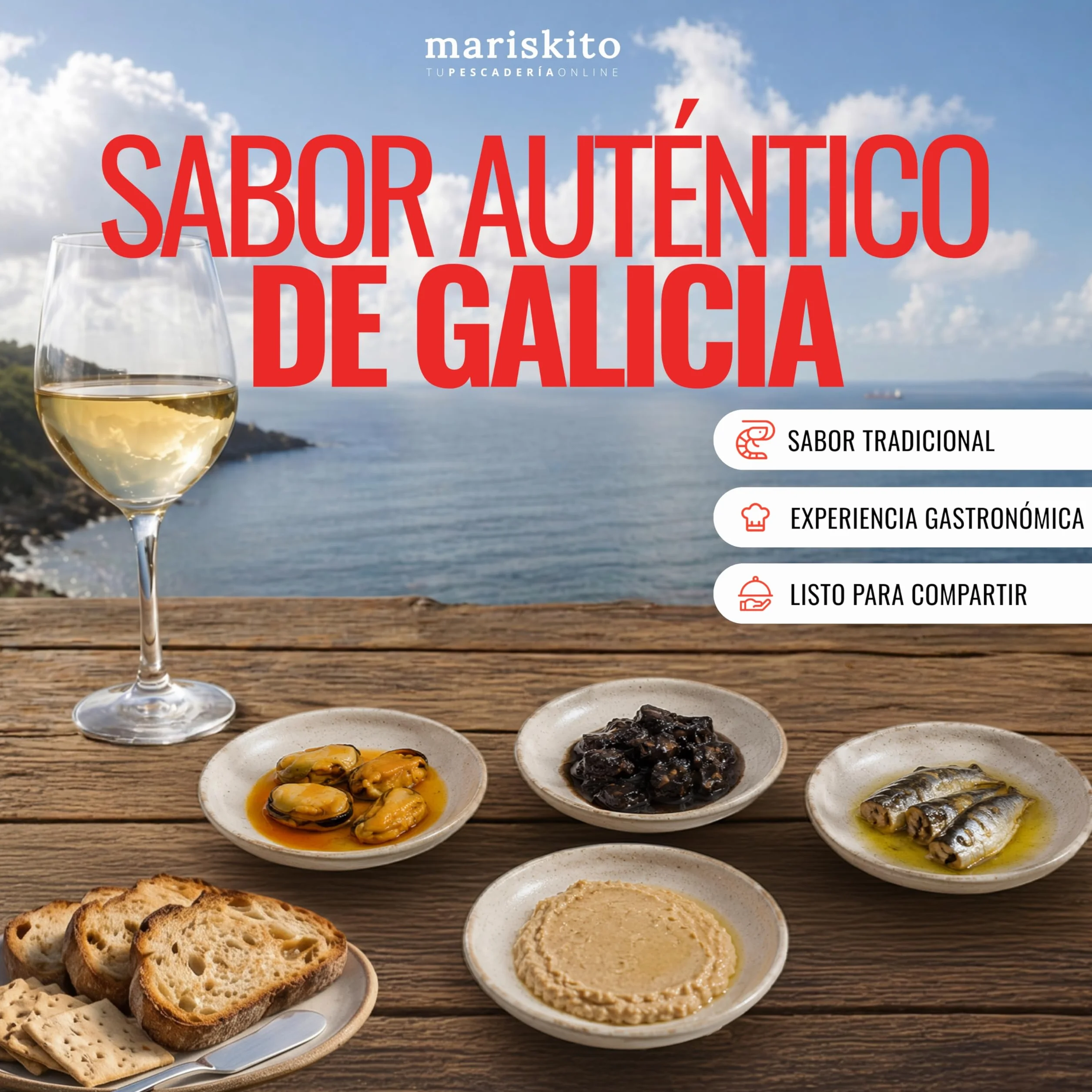 Caja Regalo Gourmet con Albariño Laxas y Conservas Gallegas – Mejillones, Sardinas, Pulpo en Tinta, Paté de Atún – Pack Aperitivo Navidad