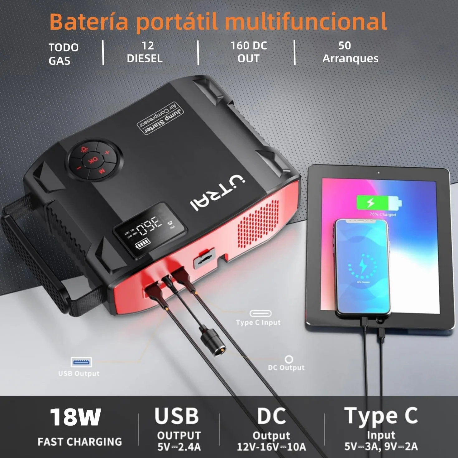 27000mAh Arrancador de Baterías de Coche con Compresor de Aire/18W Carga Rápida/Luz LED de 1600 lúmenes/160W DC out/Pantalla LCD/Carga rápida 3.0(All Gas o 12L Diesel) UTRAI 8000A Jump Starter