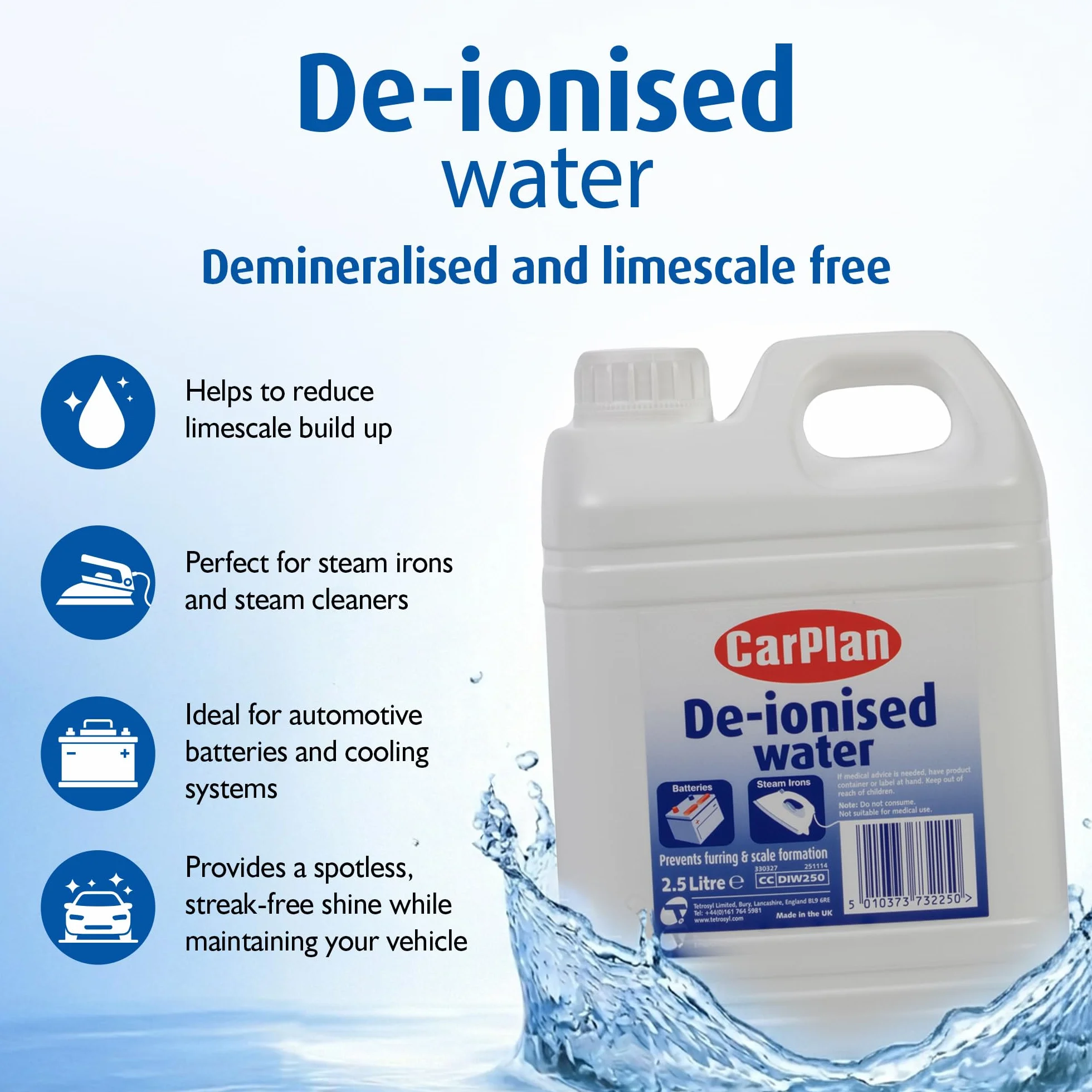 CarPlan Agua Desionizada 2.5 Litros Apta Para Baterías y Planchas de Vapor A+++
