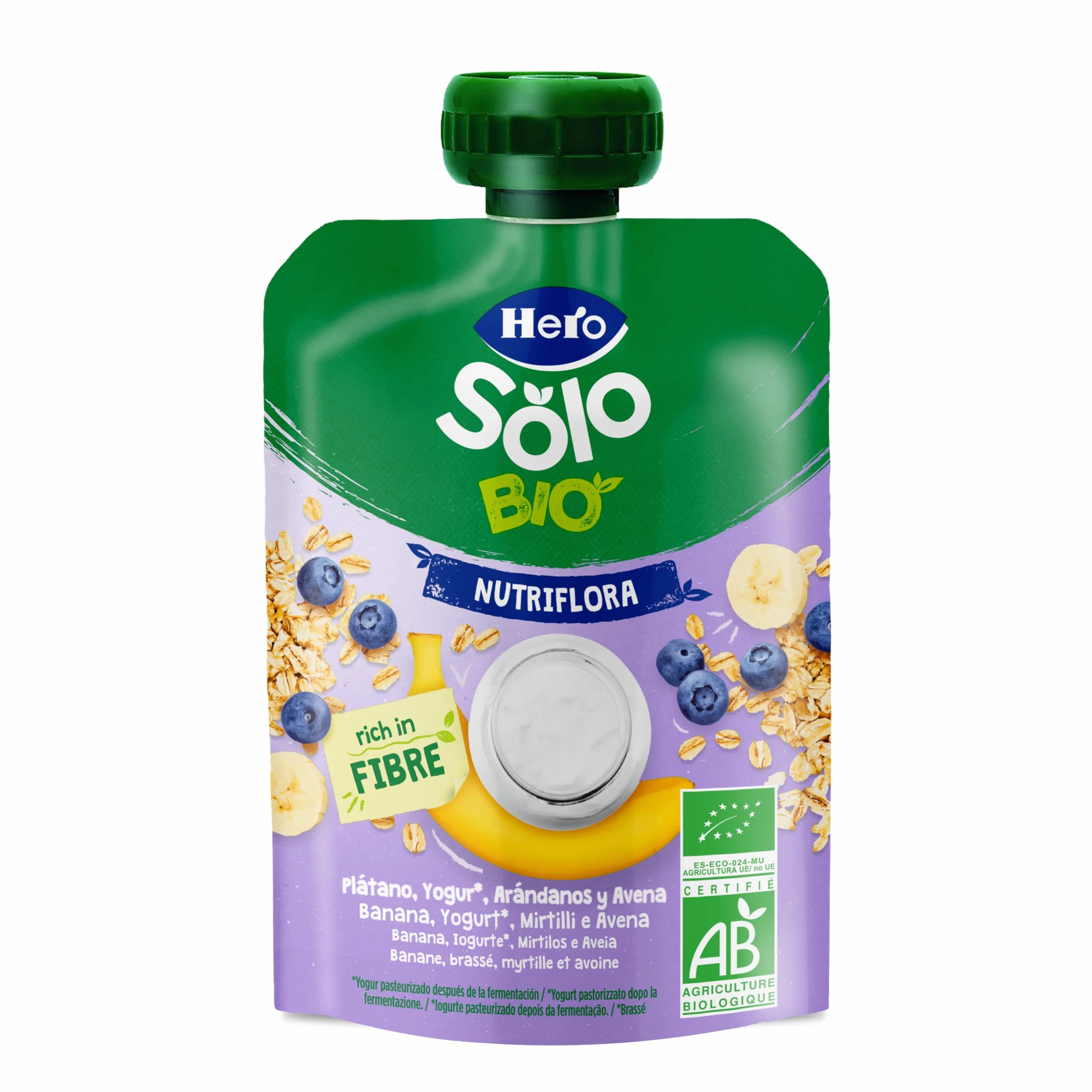 Hero Solo Bolsitas Ecológicas de Plátano Arándanos Yogur Avena Fibra Sin Conservantes Aditivos Aceite Palma Azúcares Añadidos 6 Meses Pack 18 x 100 g