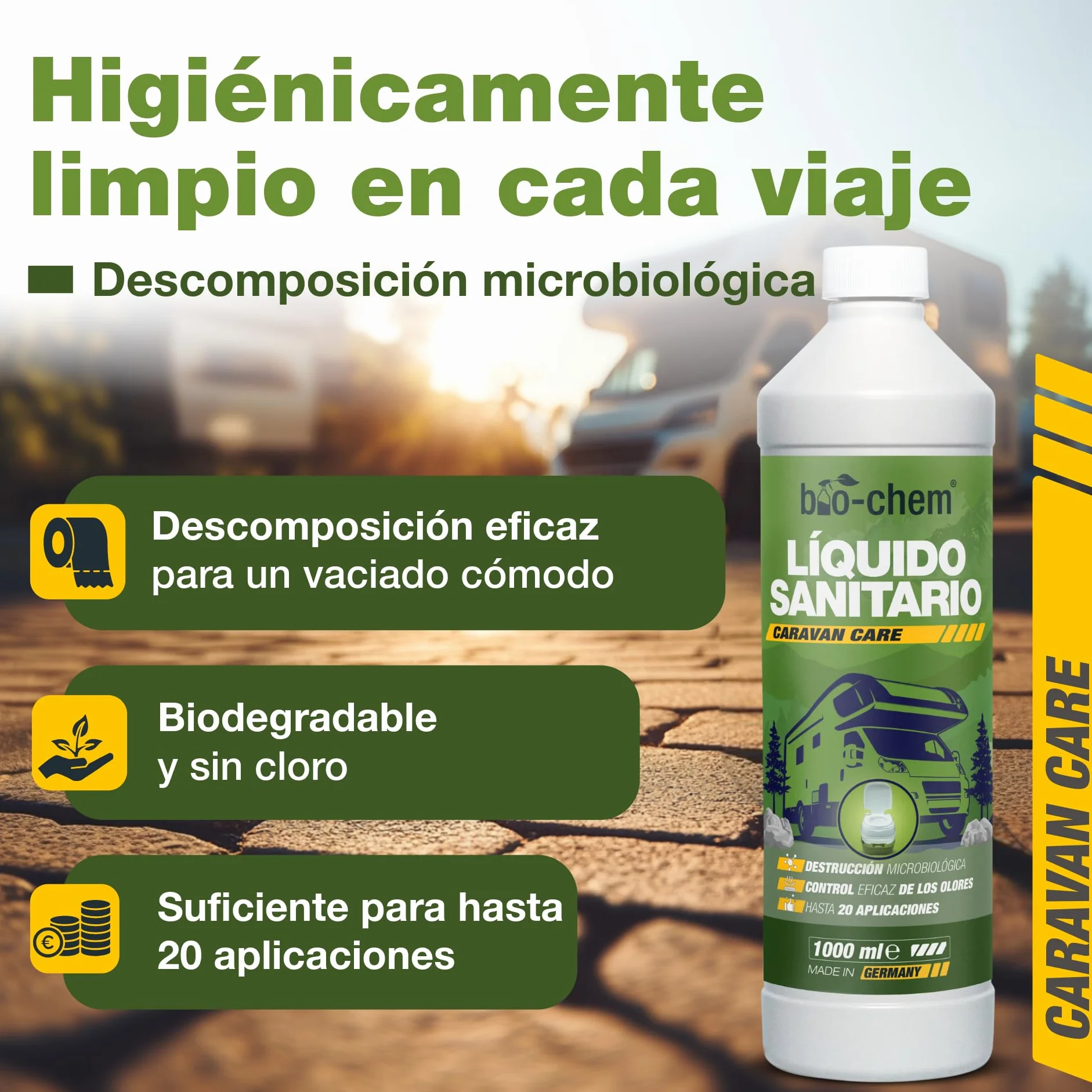 Bio-Chem - Líquido Sanitario 5L Nueva fórmula con microorganismos para WC químicos de caravanas - Aditivo Sanitario Concentrado para WC portátiles de Camping - Vaso medidor Incluido