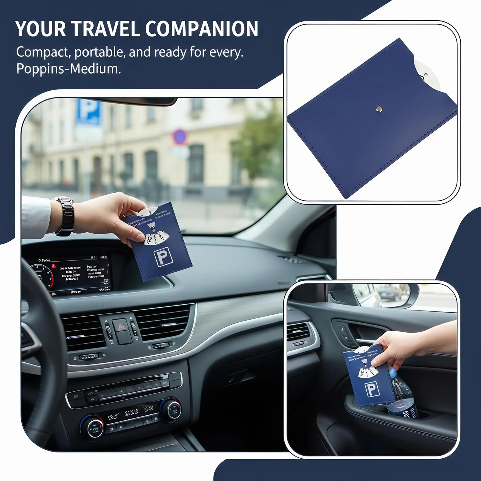 BAUCH Disco de Estacionamiento en Cuero Sintético Azul, 11x15cm Disco Horario Multilingüe, Para Coche & Autocaravana