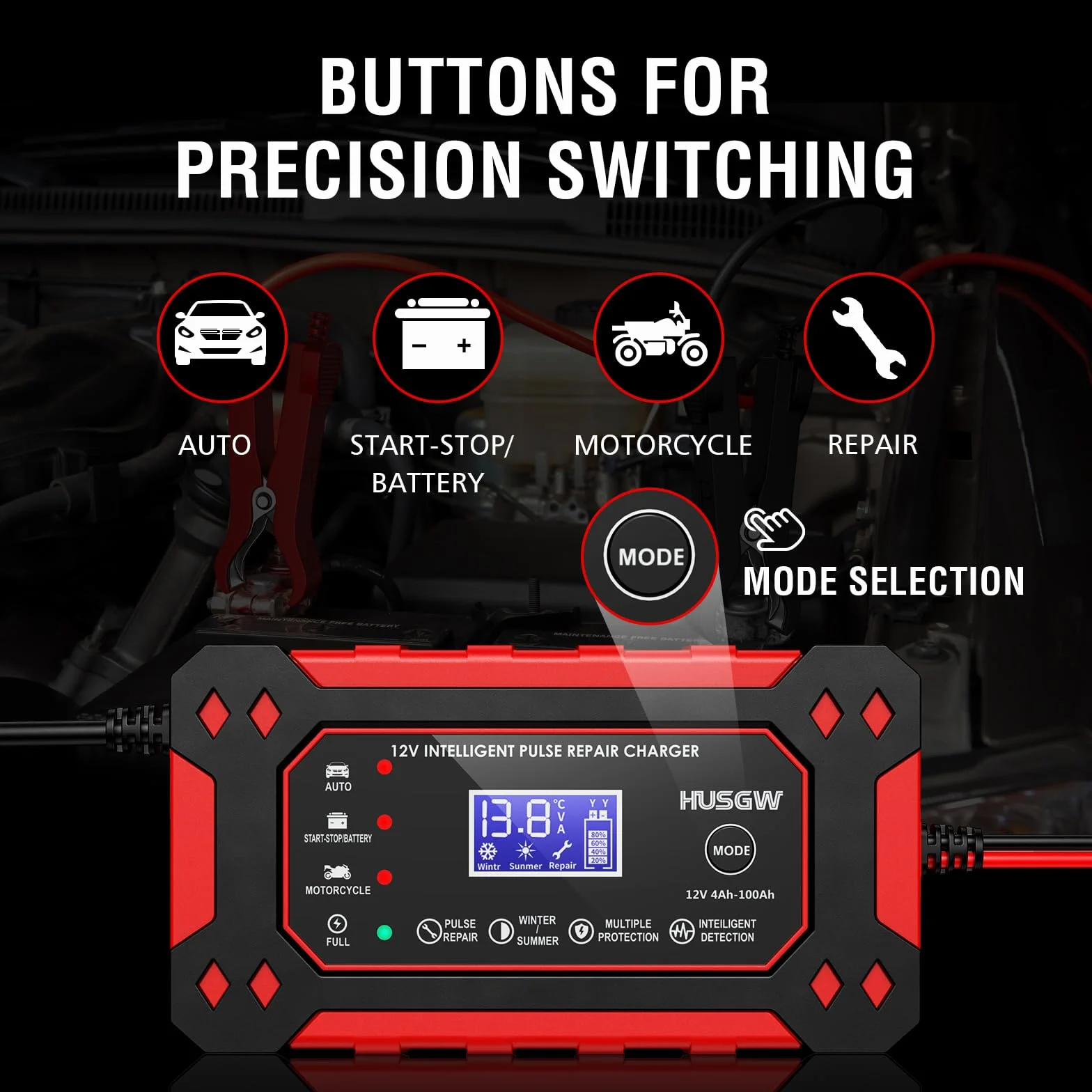 12V6A Cargador de Batería de Coche,Cargador de Batería Inteligente con Pantalla LCD, Múltiples Funciones de Protección,paraAutomóviles,Moto,Camión,AGM,Gel,SLA (2Ah-100Ah)