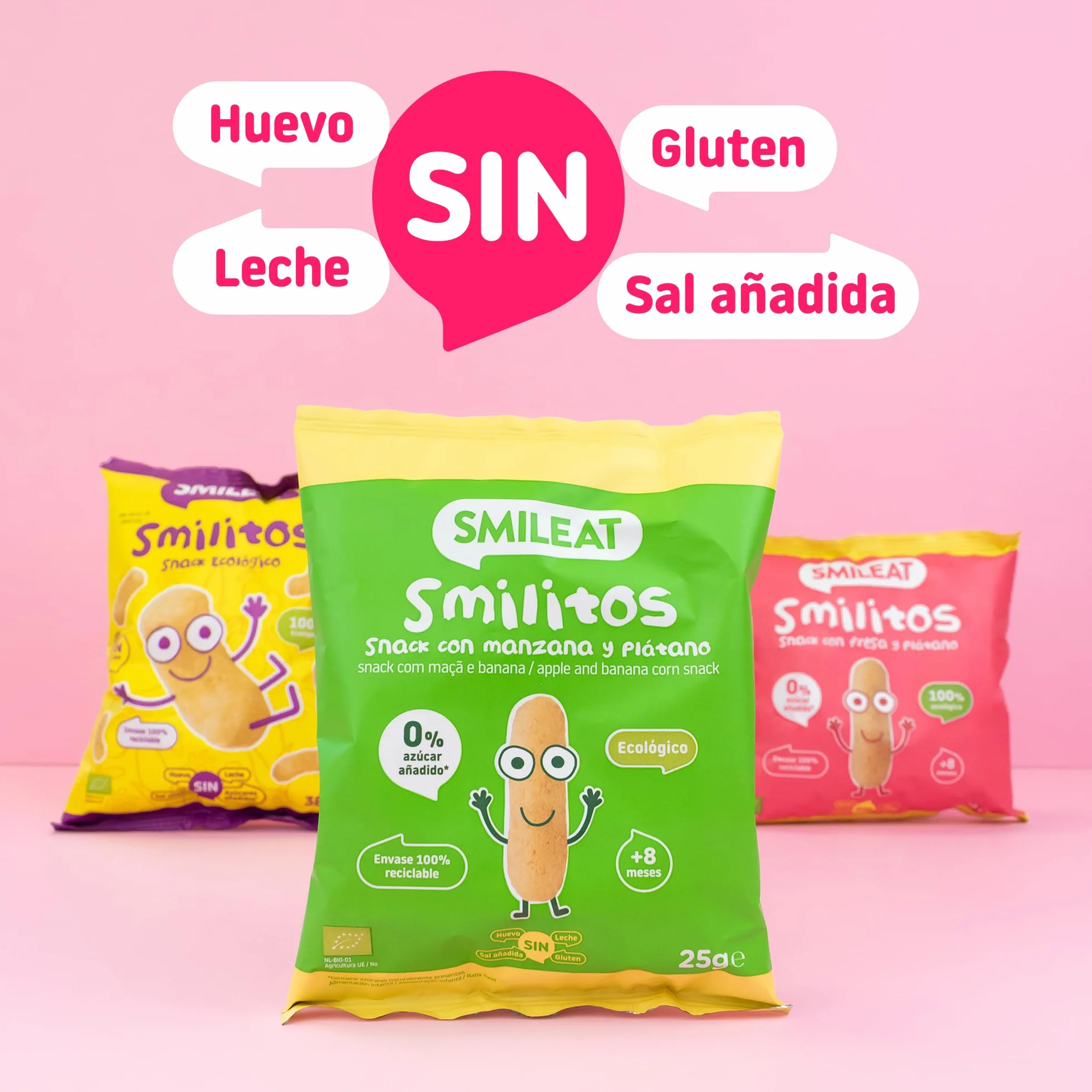 Smileat Bolsas de Snacks Ecológicos de Maíz Fresa y Plátano Pack 12 x 25g