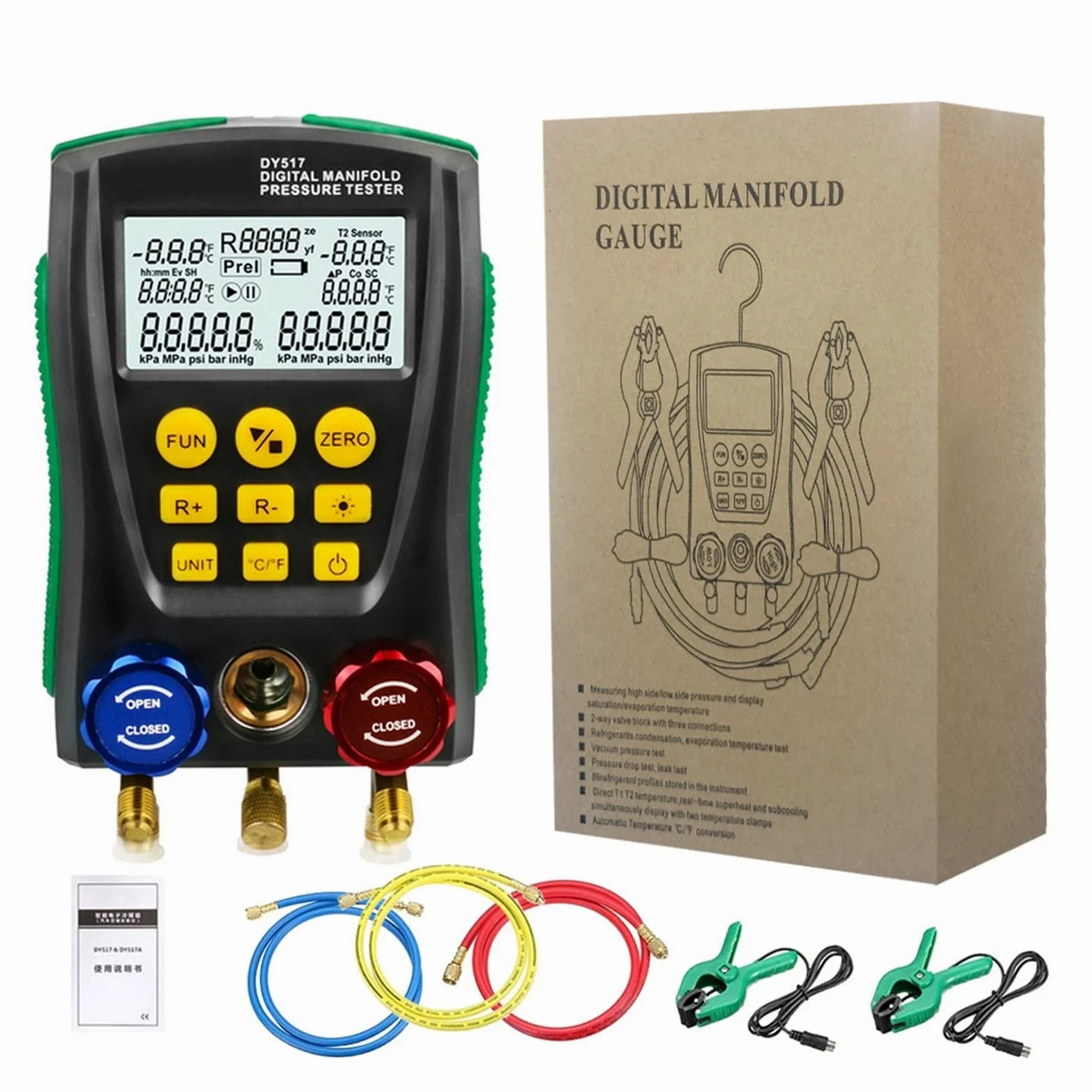 Medidor de Cables Digitales Medidor de presión Refrigerador Presión de vacío Presión del manifestante Probador de Fugas Monitor de Fugas Detector Medidor de refrigerante(1 Set)