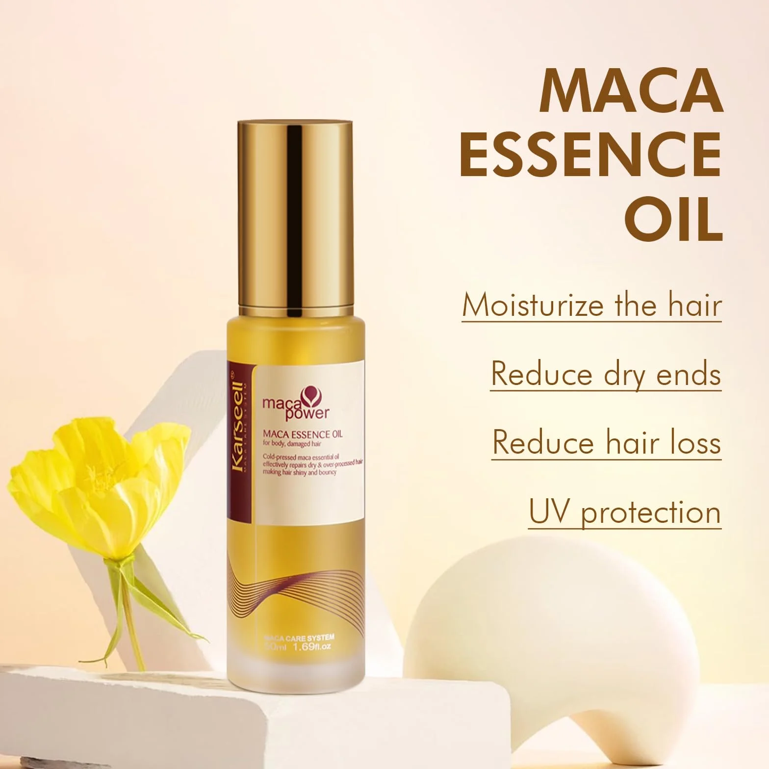 Karseell Aceite de Pelo Maca Esencia, Colágeno Aceite de Argan para Pelo Seco y Dañado, 50ml