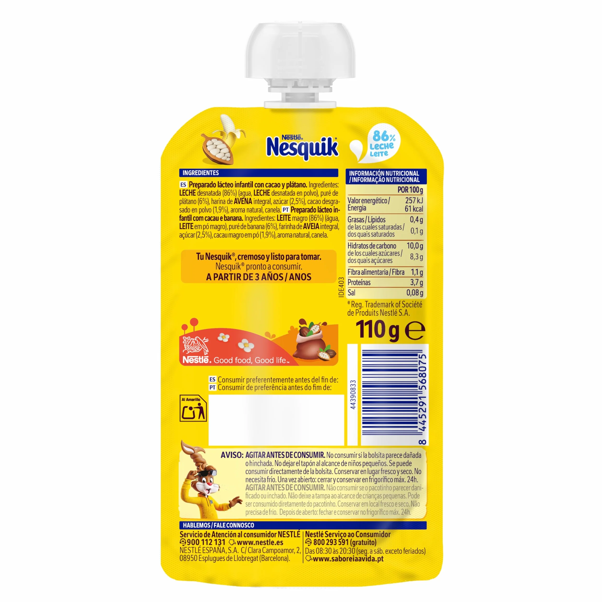 NESTLÉ NESQUIK Cacao Plátano 8 Bolsitas 110g