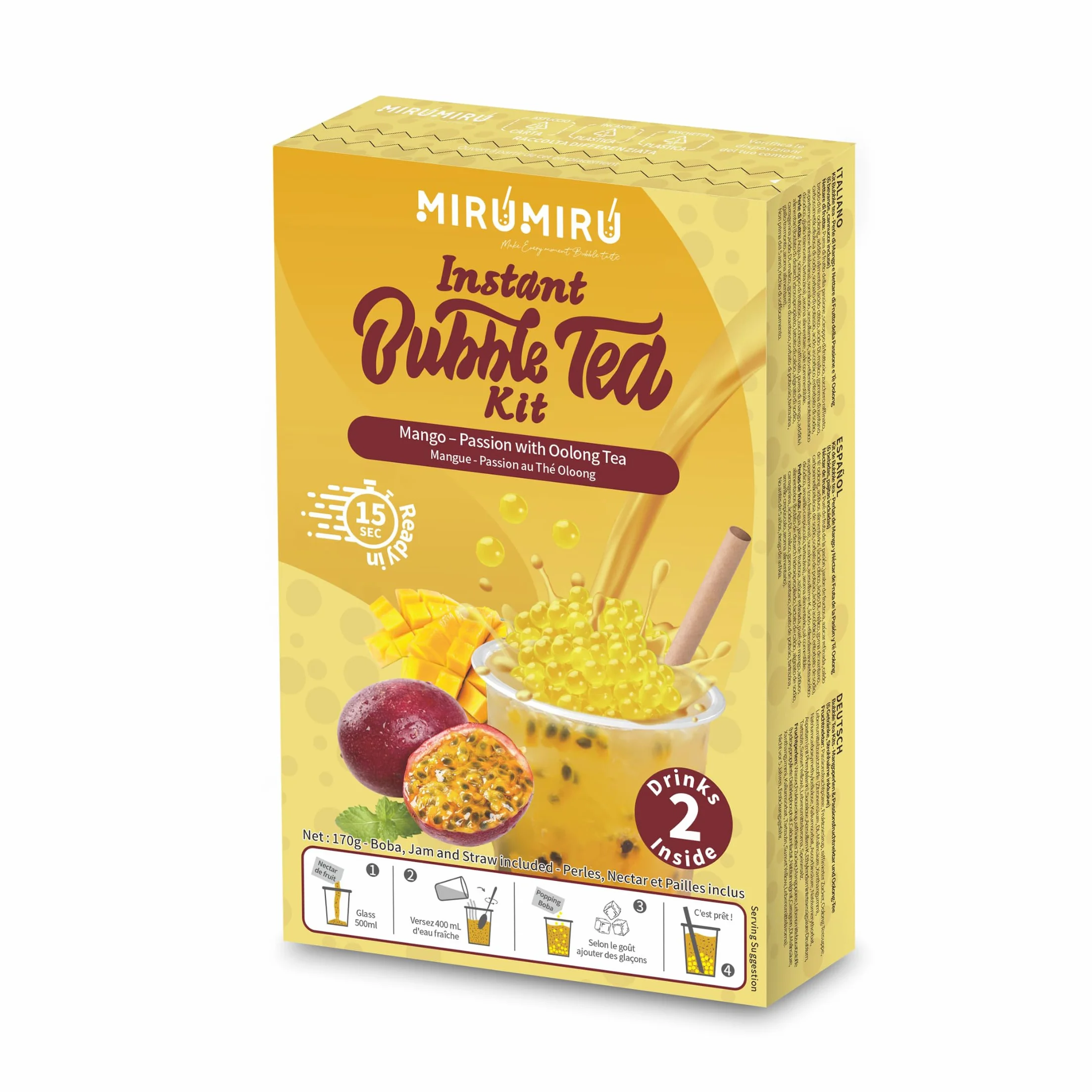 Kit de Bubble Tea MiruMiru con Perlas de Mango y Néctar de Fruta de la Pasión con Té Oolong para 2 Bebidas