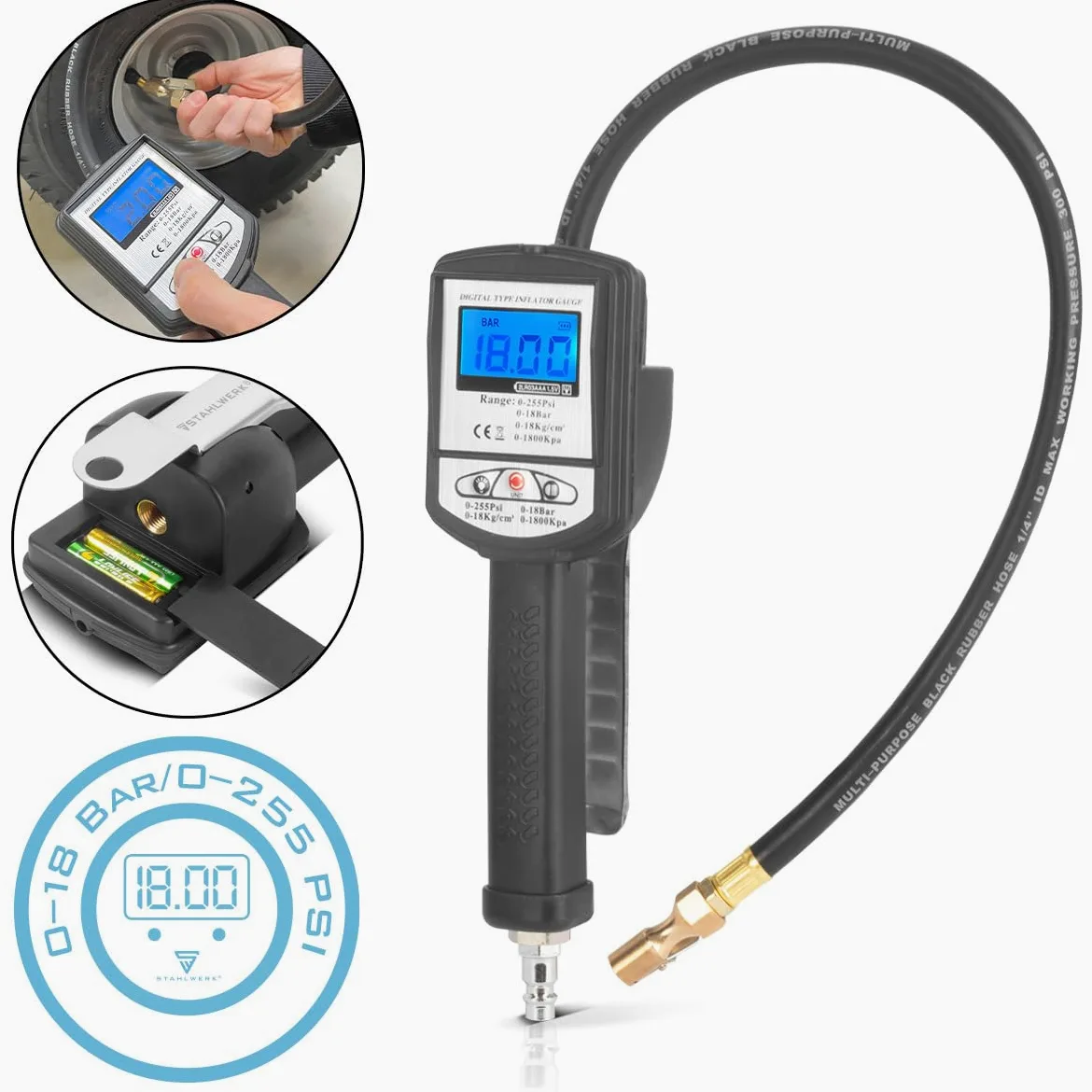STAHLWERK Inflador digital de aire comprimido DRP-18 ST | Inflador de aire comprimido con manómetro digital | Manómetro digital para coches, camiones, motos, bicicletas | Rango de medición 0-18 bar