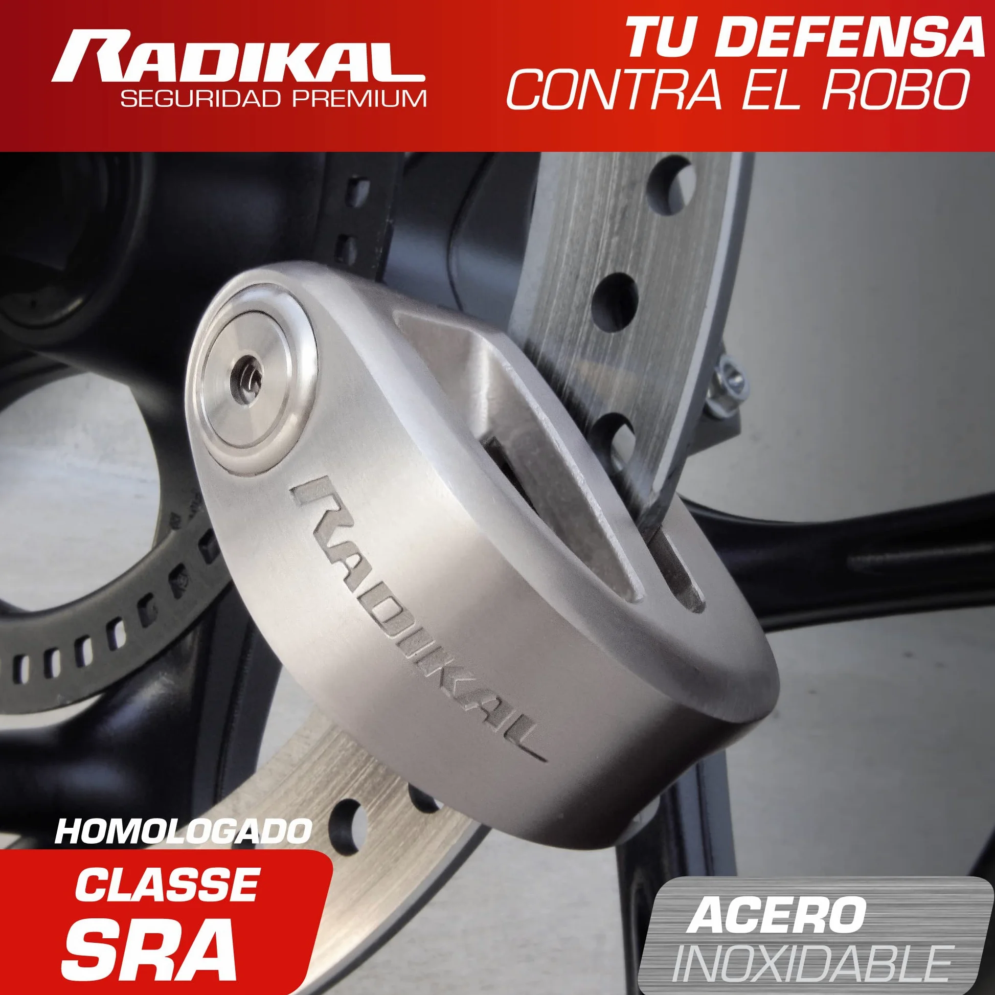RADIKAL RK310S Candado Moto Premium, Antirrobo Disco Homologado SRA, Testado Doble Bloqueo ø10mm, Exclusivo Diseño Doble Puente, Cerradura Alta Seguridad, Acero Inoxidable, Cepo Pinza Motos y Scooter