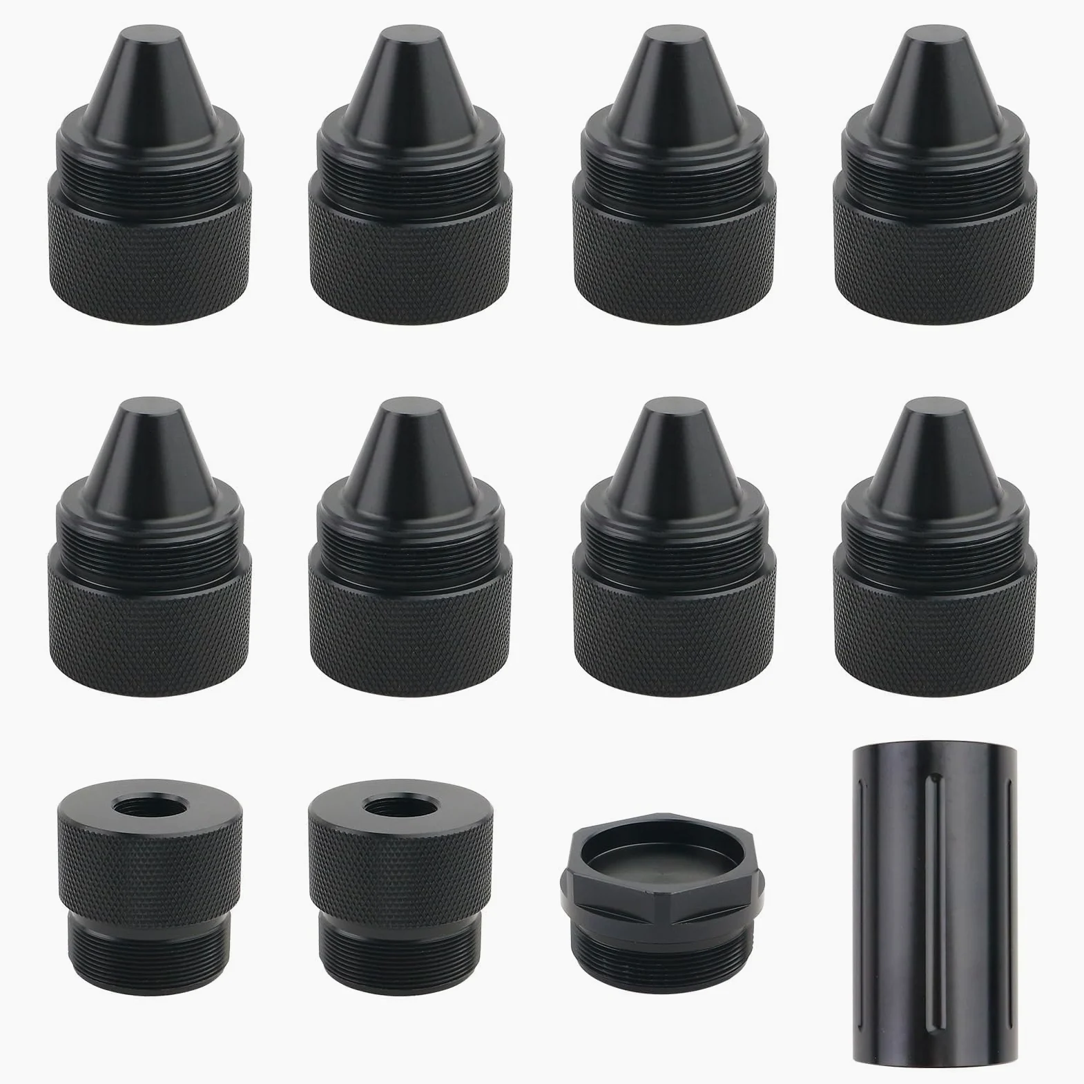 Paquete de 12 piezas de aleación de aluminio con forma de cono negro | Compatible con Kenworth Peterbilt Volvo Freightliner Mack International Trucks