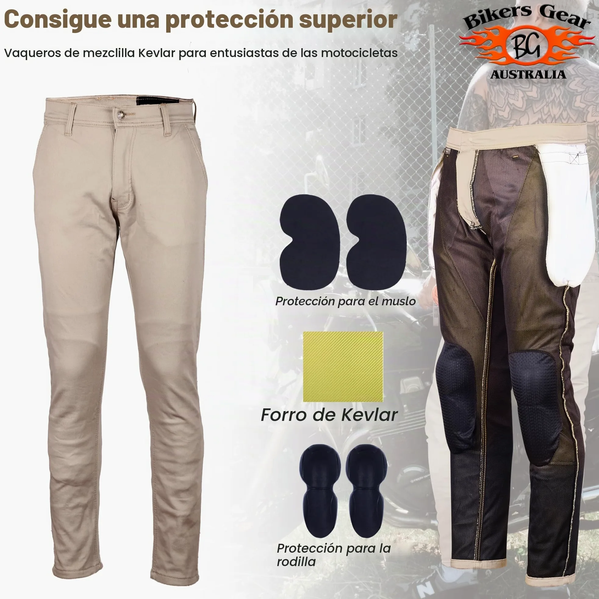 Bikers Gear Australia - Vaqueros de Motocicleta Modernos Estilo Chino con Forro Kevlar, con protección CE 1621-1