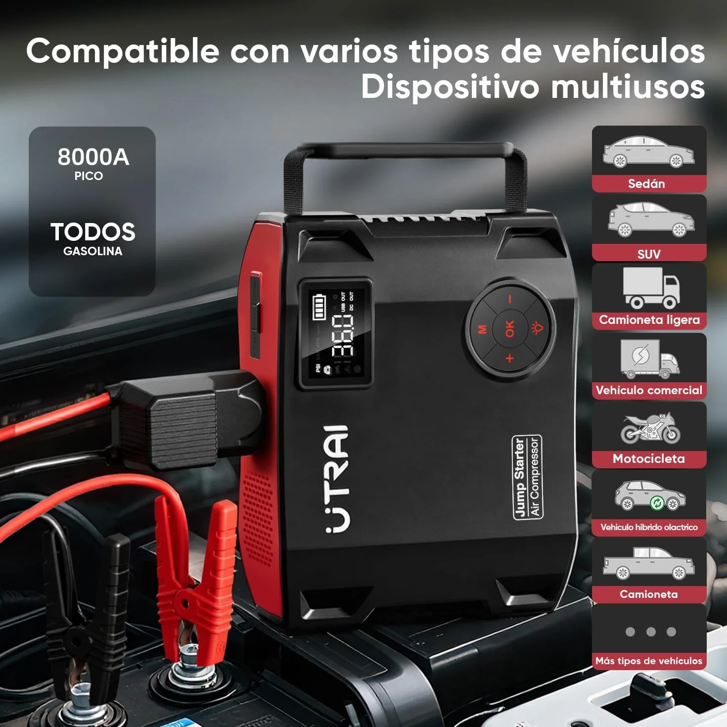 27000mAh Arrancador de Baterías de Coche con Compresor de Aire/18W Carga Rápida/Luz LED de 1600 lúmenes/160W DC out/Pantalla LCD/Carga rápida 3.0(All Gas o 12L Diesel) UTRAI 8000A Jump Starter