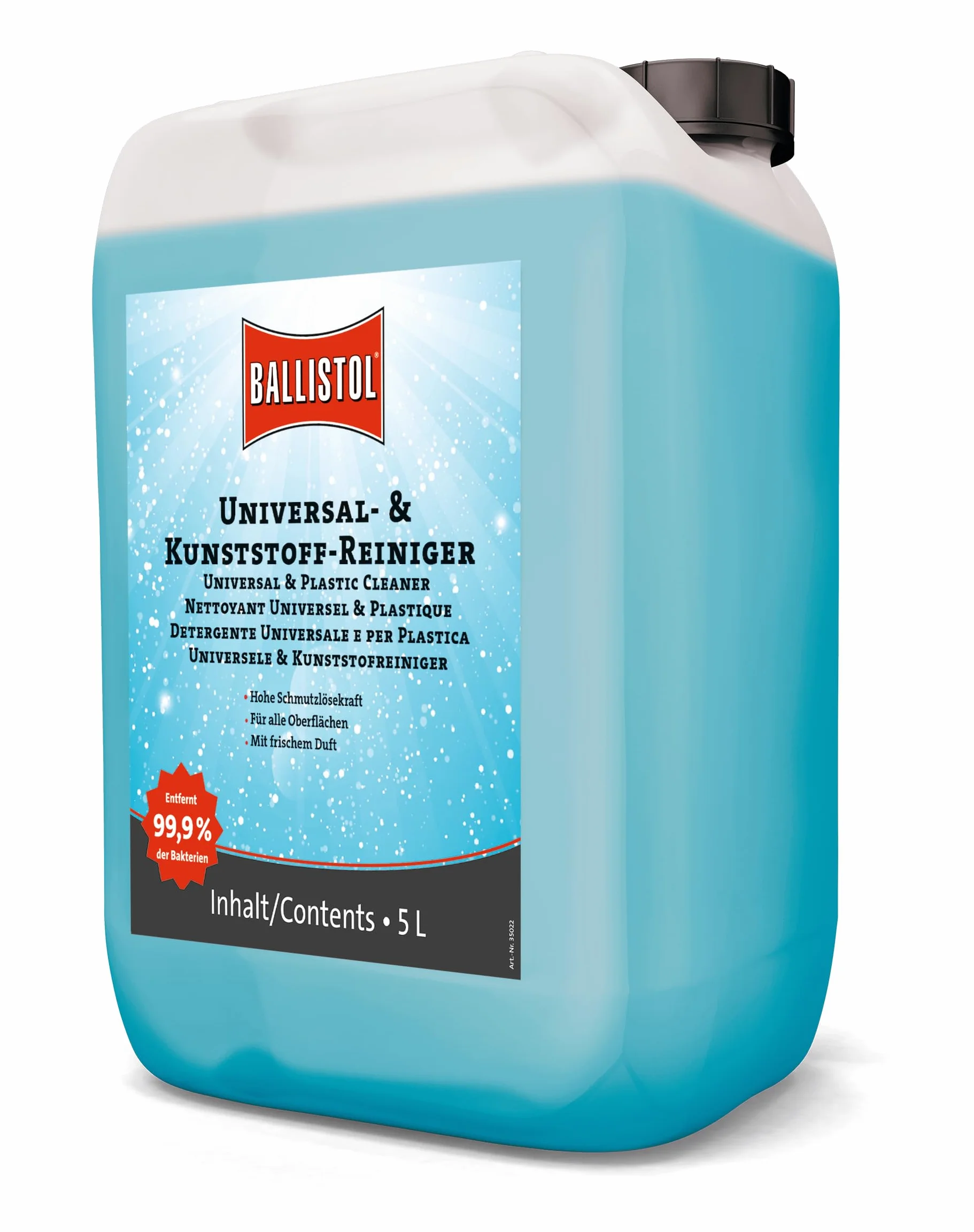 BALLISTOL 25434 Limpiador universal y de plástico, bidón de recambio, 5 l | Detergente, disuelve hollín, grasa, aceite y nicotina, para plástico, cuidadoso con el material