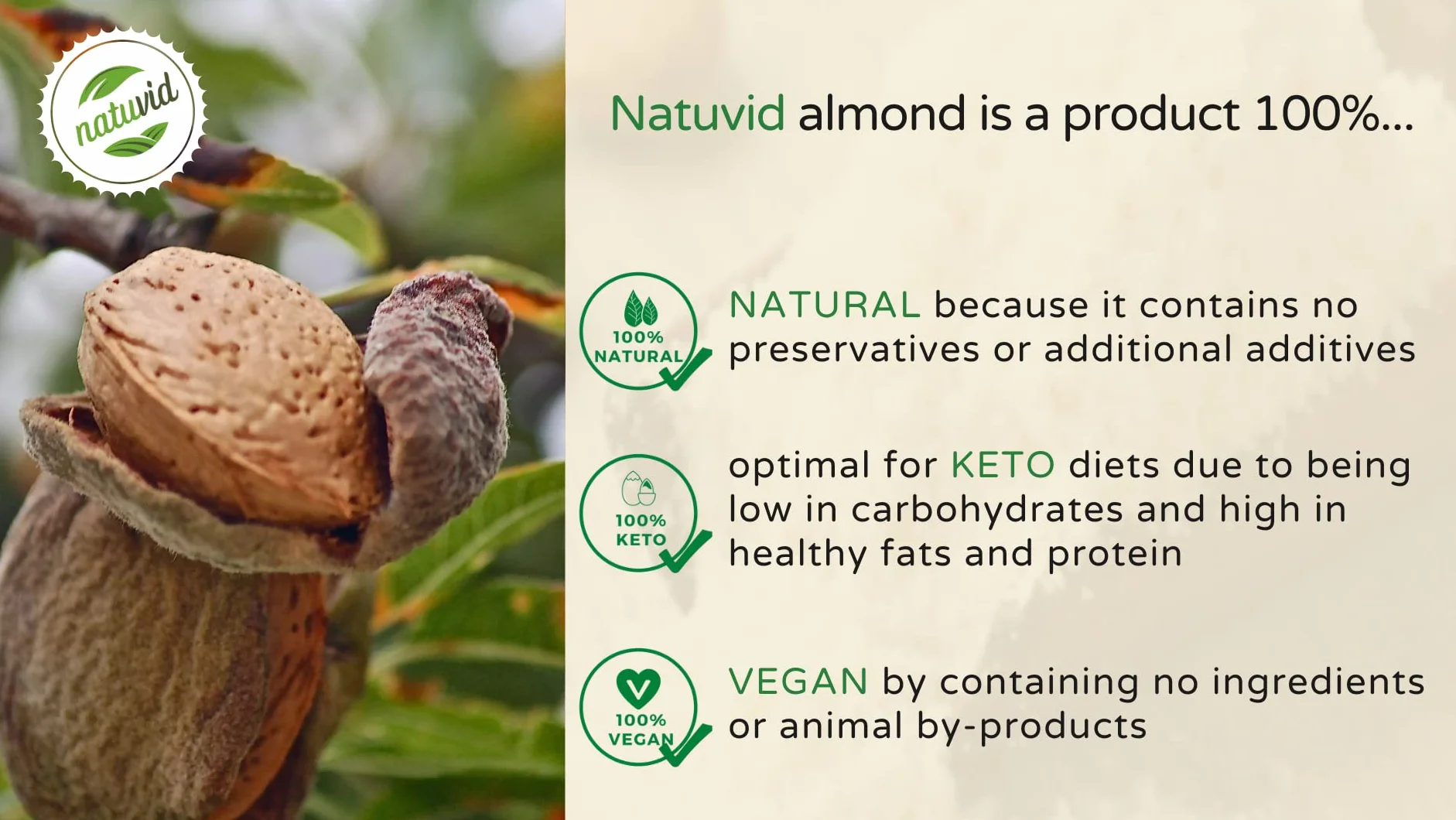 Almendra entera NATUVID California Premium 1Kg Vegana y Vegetariana