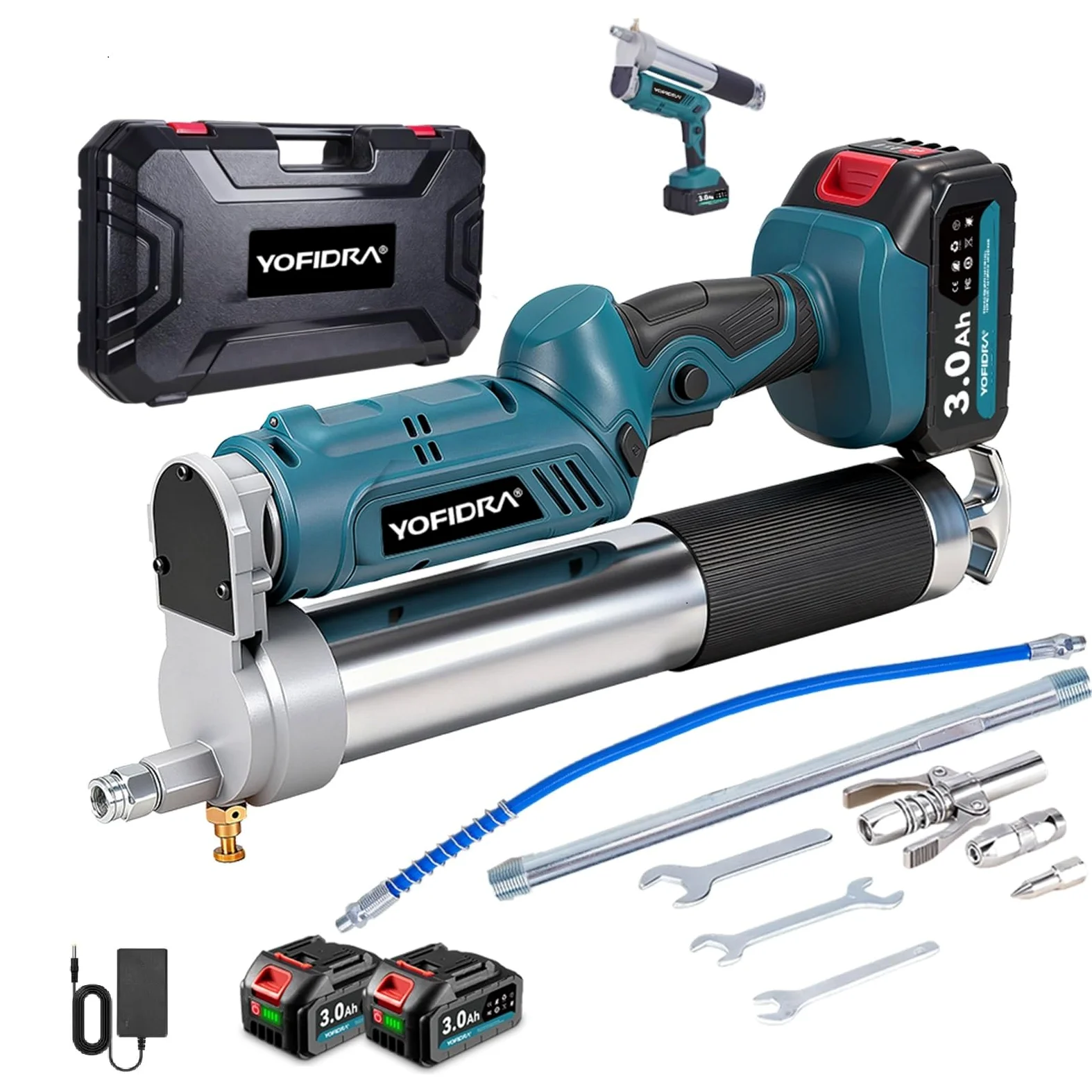 Yofidra 2 en 1 Pistola de engrase inalámbrica - Kit de Pistola de engrase de 150 g/min y 12 000 PSI con 2 baterías de 3,0 Ah, fácil de Usar para Agricultores, operadores de maquinaria y propietarios.