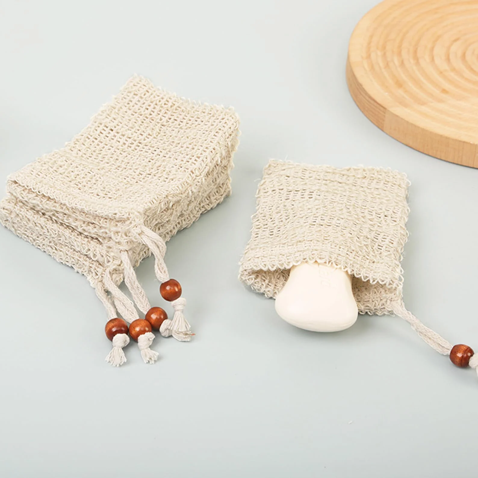 Bolsas de jabón de sisal natural orgánico, duraderas y seguras para jabón sólido con cordón