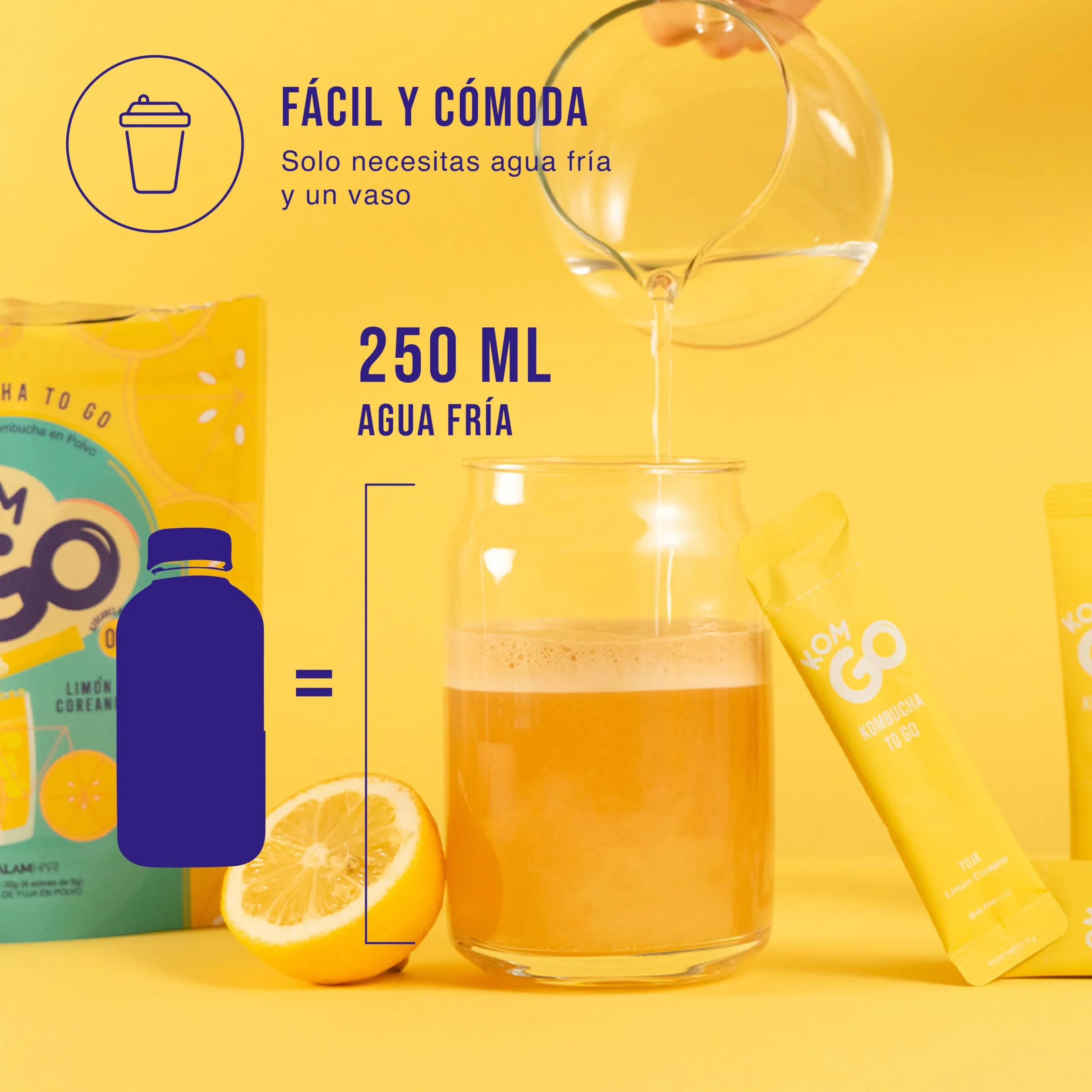 KOMGO Kombucha en Polvo Bebida Instantánea con Probióticos y Antioxidantes 15 Kcal Limón Coreano