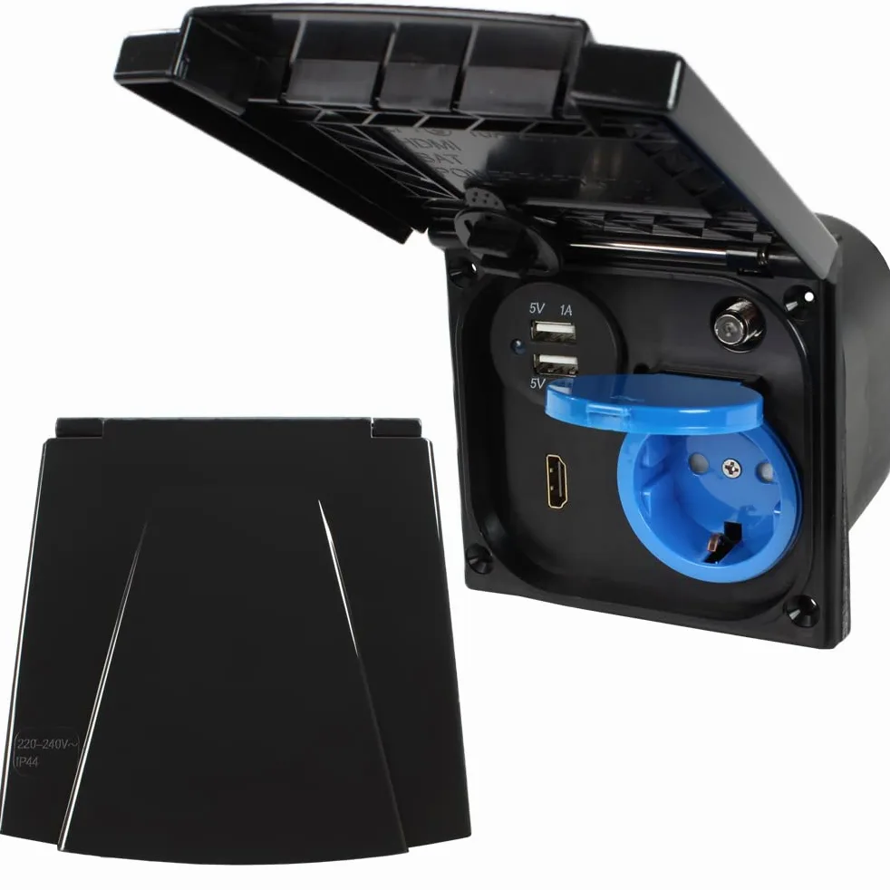 Enchufe exterior multifunción para autocaravana, caravana, camper, 220 V, 230 V, antena satélite, USB, HDMI, color negro
