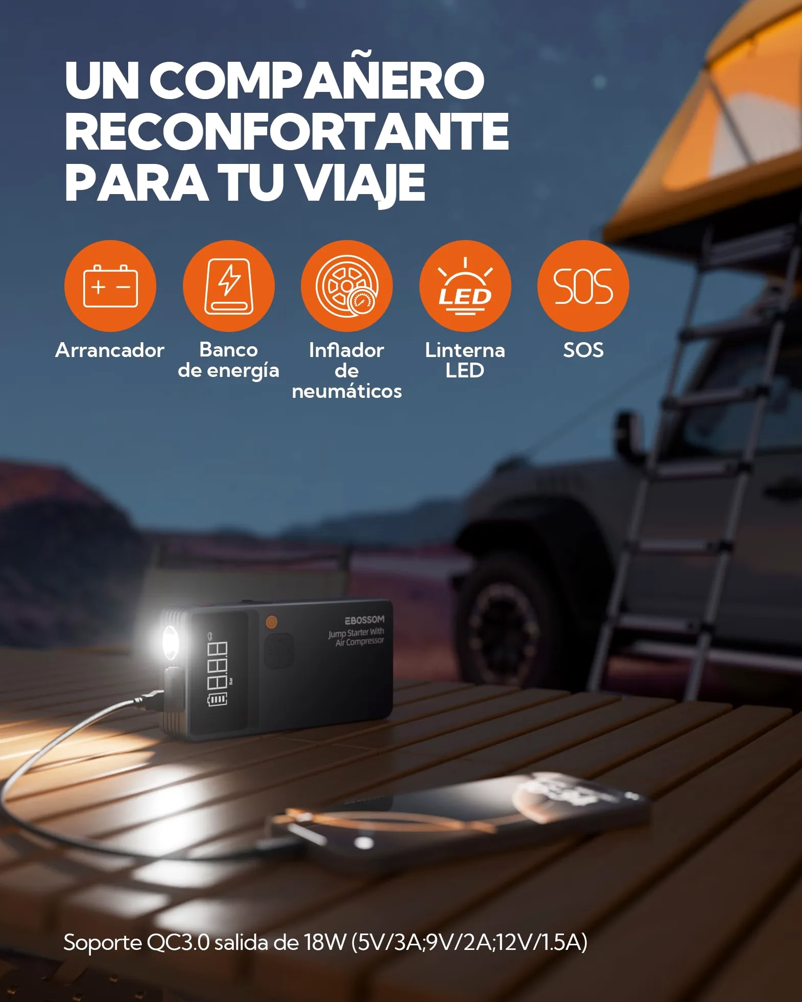 Arrancador de Baterías de Coche,Booster para Coche con Compresor de Aire Portátil 7en1,Arranque de Batería con Inflador para vehículo de 12000 mAh,Kit de Emergencia del Conductor con Linterna LED
