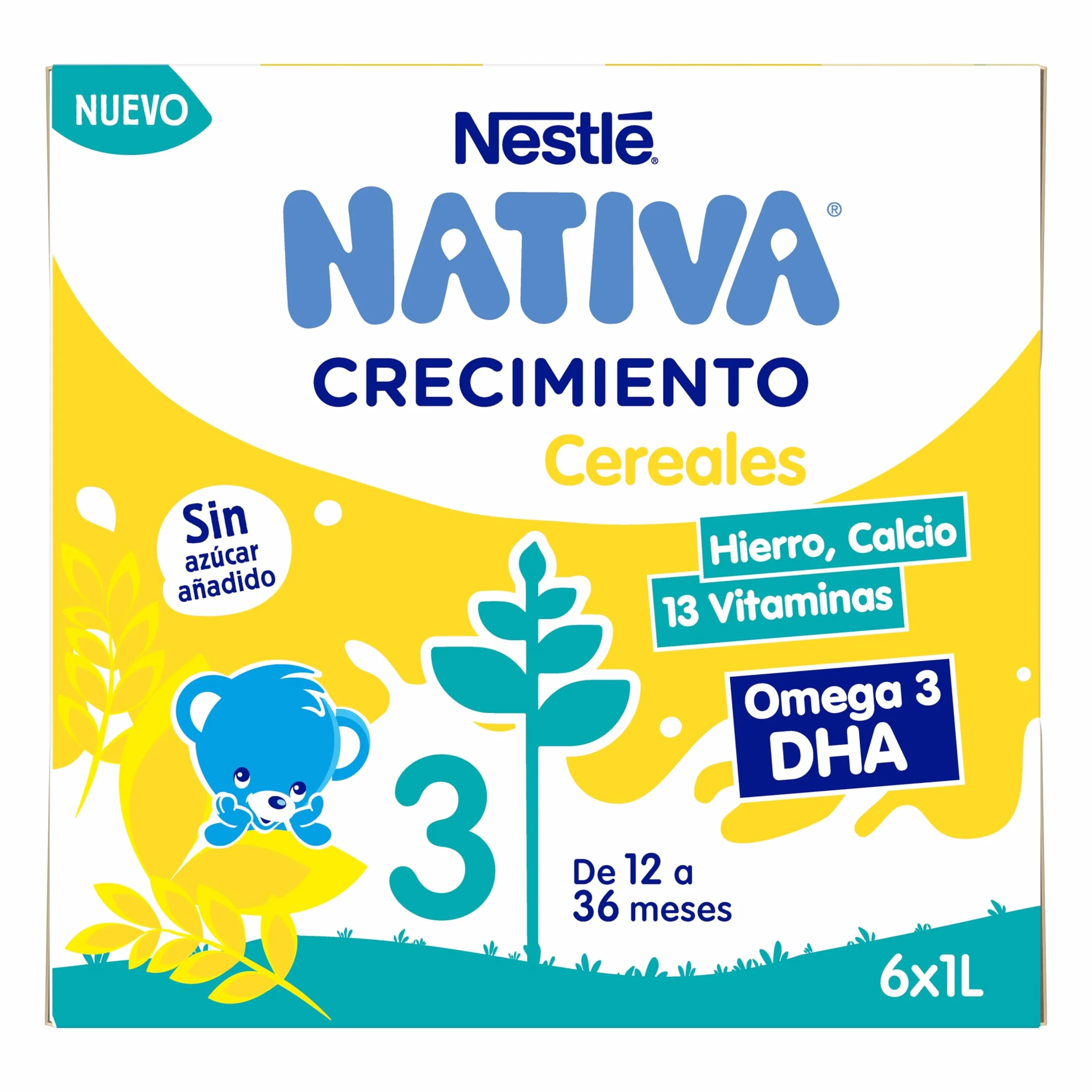 NESTLÉ NATIVA Leche de crecimiento líquida con Cereales sin azúcar añadido 1 año 6 bricks 1L
