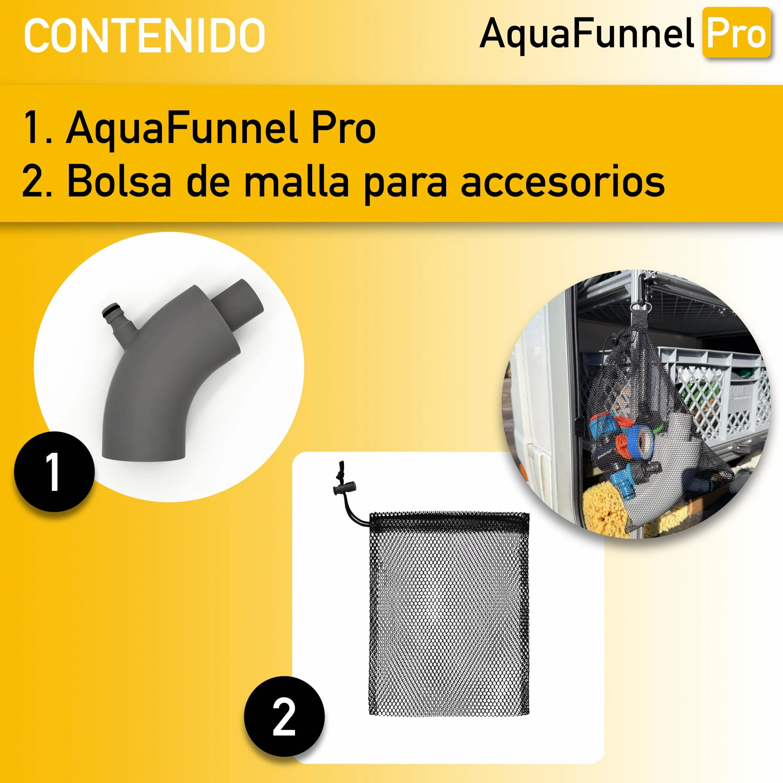 AquaFunnel Pro – Embudo para depósito de agua limpia de autocaravanas y campers, compatible con tapones estándar europeos, llenado con botellas y manguera. (78 mm - 3 pins)