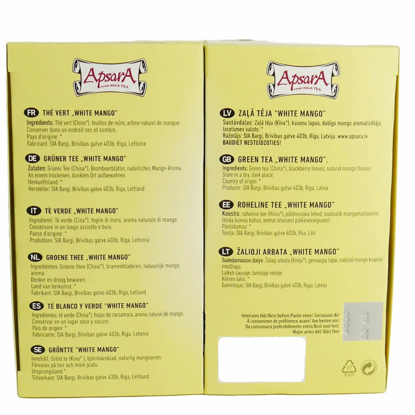 Apsara Premium té de Mango Blanco, juego de 3 (60 bolsitas), té verde y blanco con nota afrutada