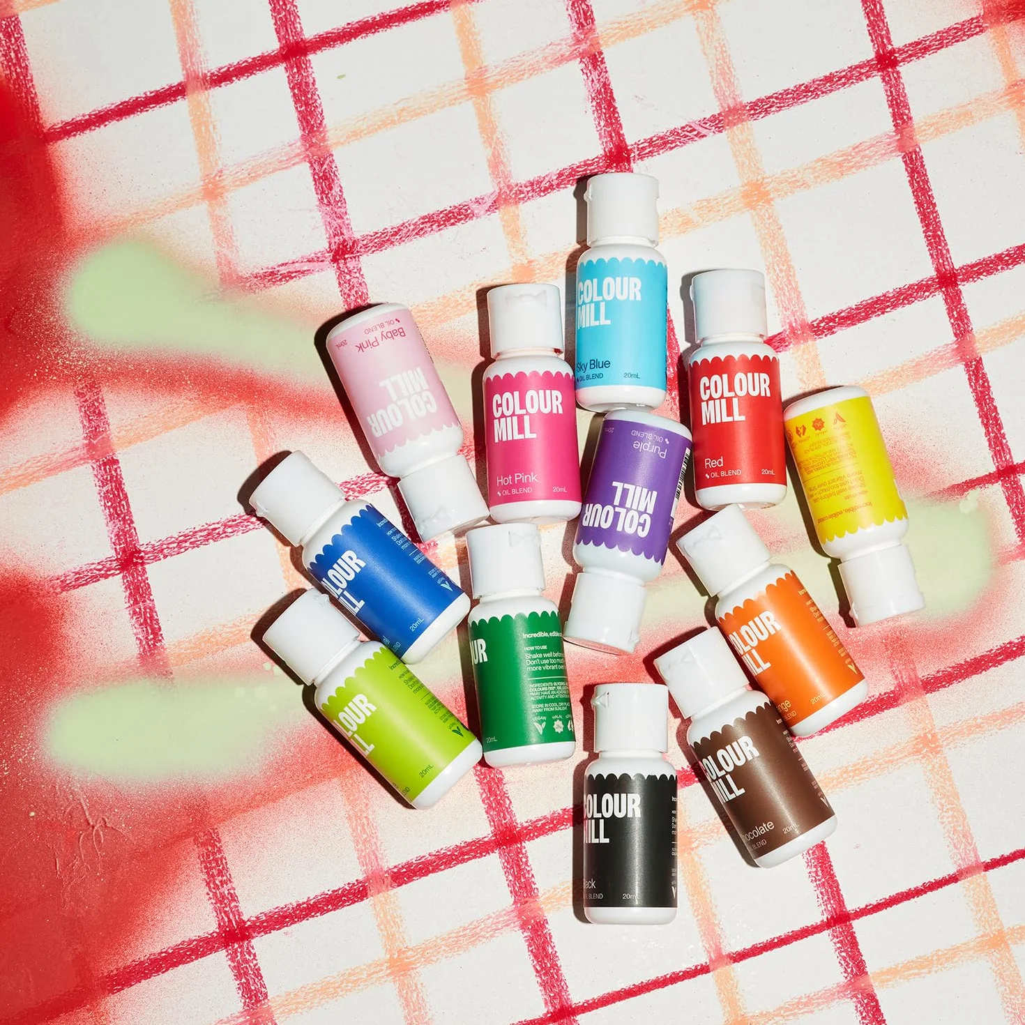 Colour Mill Oil Blend Food Colouring Set 12 x 20 ml Next Generation Food Colours Yellow Orange Red Hot Pink Baby Pink Purple Black Chocolate Forest Lime Sky Blue Royal