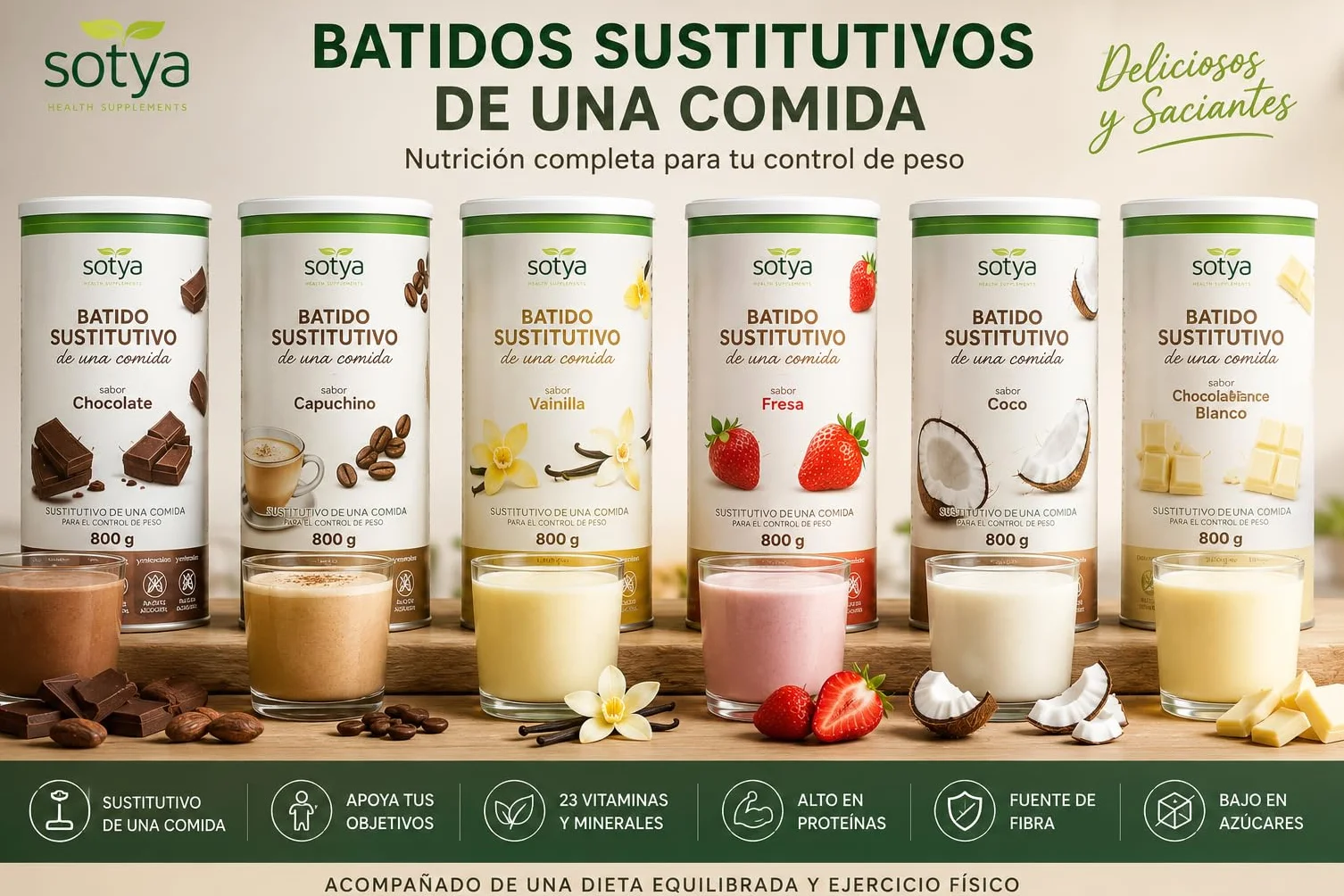 Sotya Batidos Saciantes Sustitutivos de Comida Control de Peso Pack 3 Sabores Capuchino Chocolate Vainilla Fibra Proteínas Vitaminas Café Verde