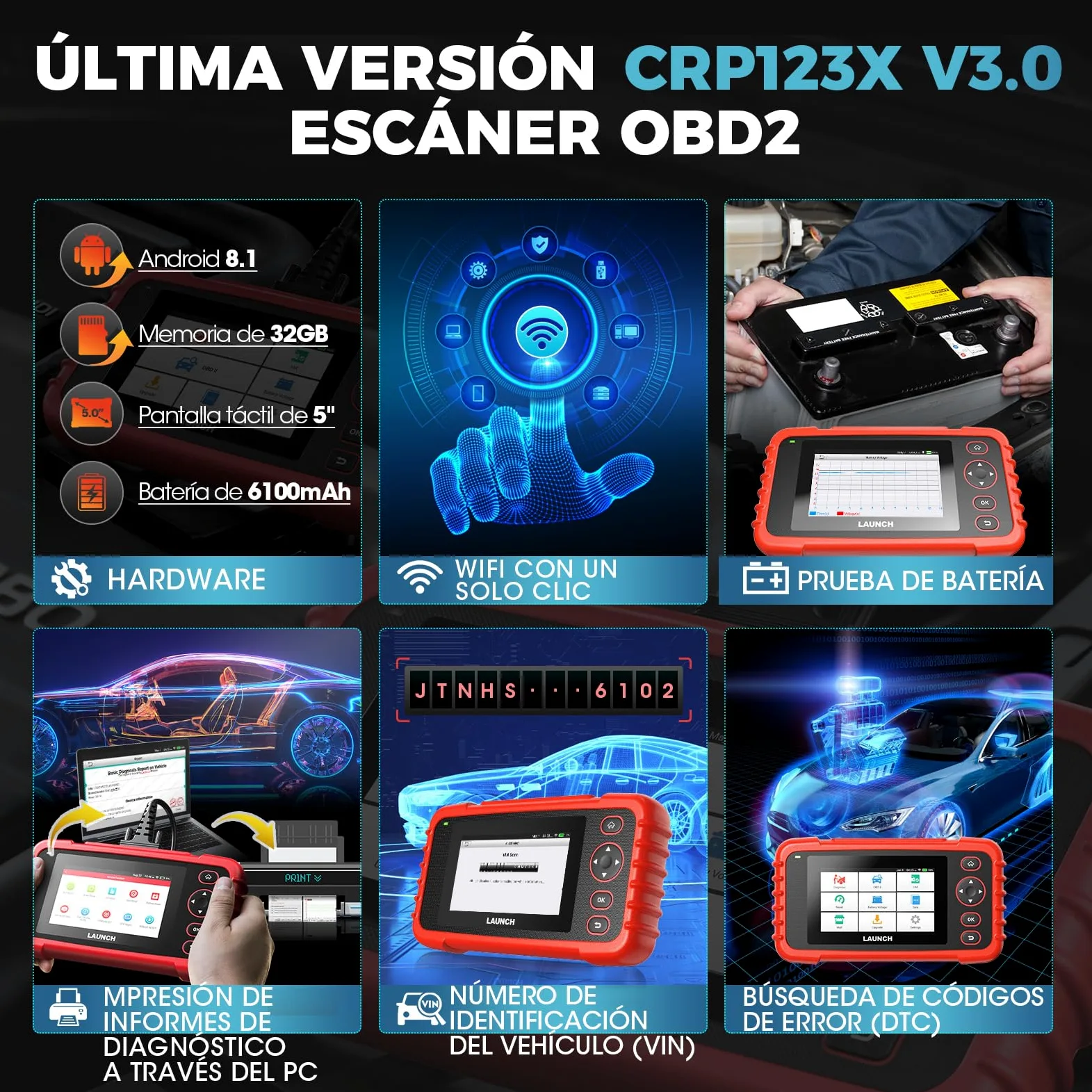 LAUNCH CRP123X V3.0 - OBD2 Diagnosis Coche Multimarca Profesional - Escáner 4 Sistemas, Reset EPB/DPF/Aceite, SAS/BMS/TPMS, Test de Batería, Lectura Vin con ACTUALIZACIONES Gratis DE por Vida