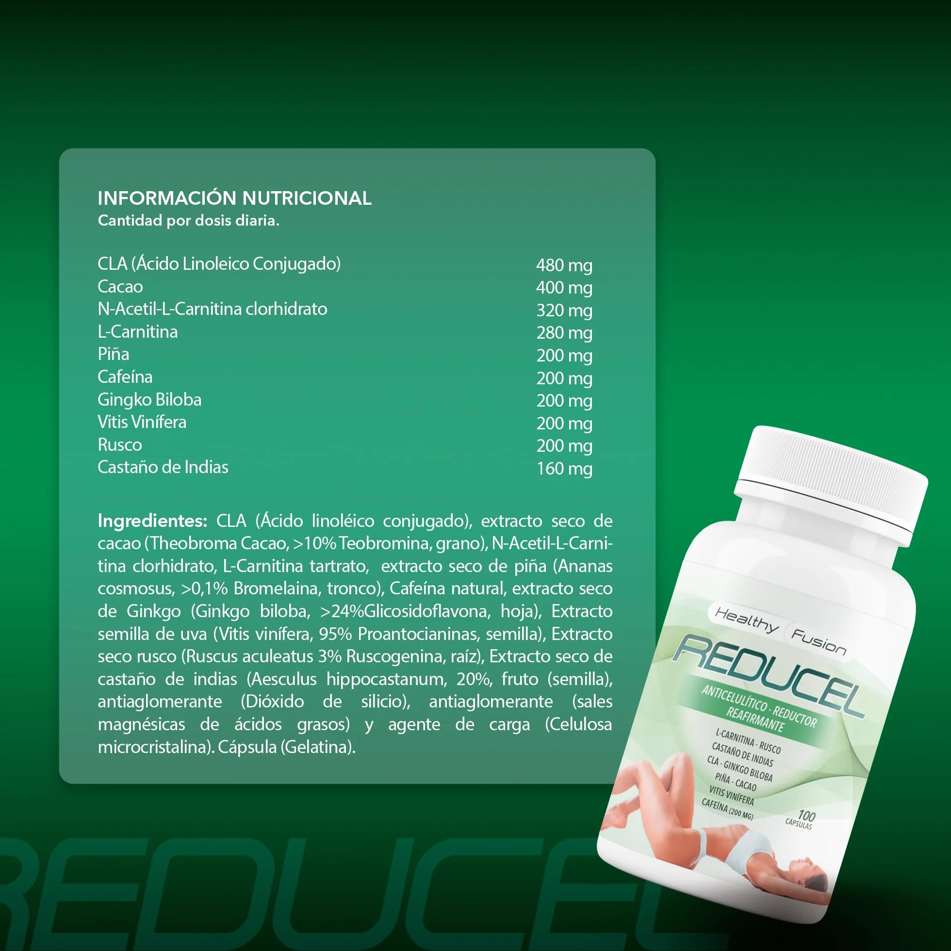Reducel Potente Reafirmante Anticelulítico 100 Cápsulas L-Carnitina Cafeína CLA