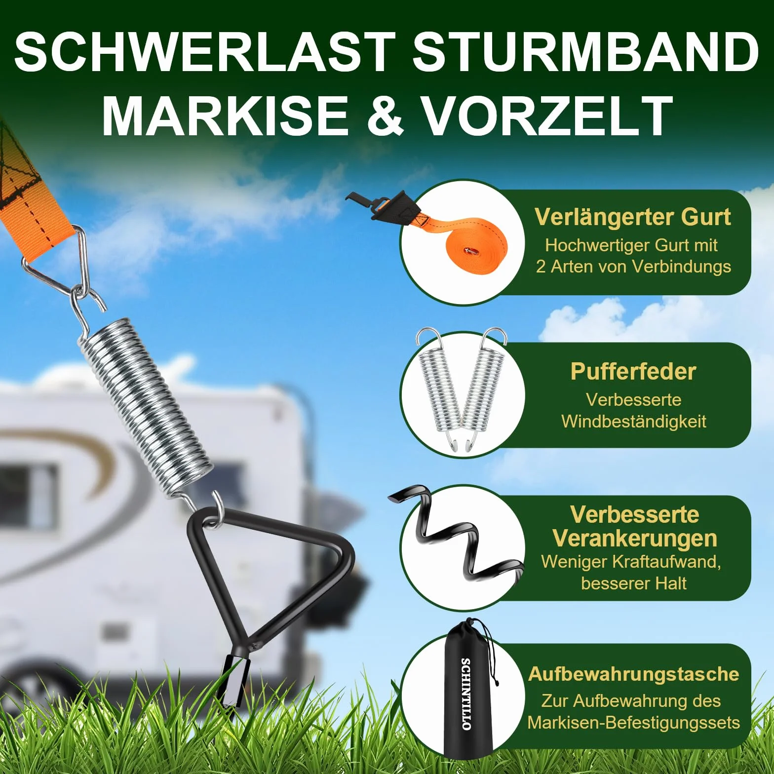 Juego de toldos de cinta para tormentas Thule/Fiamma con anclaje de suelo en espiral de 39 cm, protección contra tormentas, accesorios para carpas de autocaravana, resistencia al viento, duradero