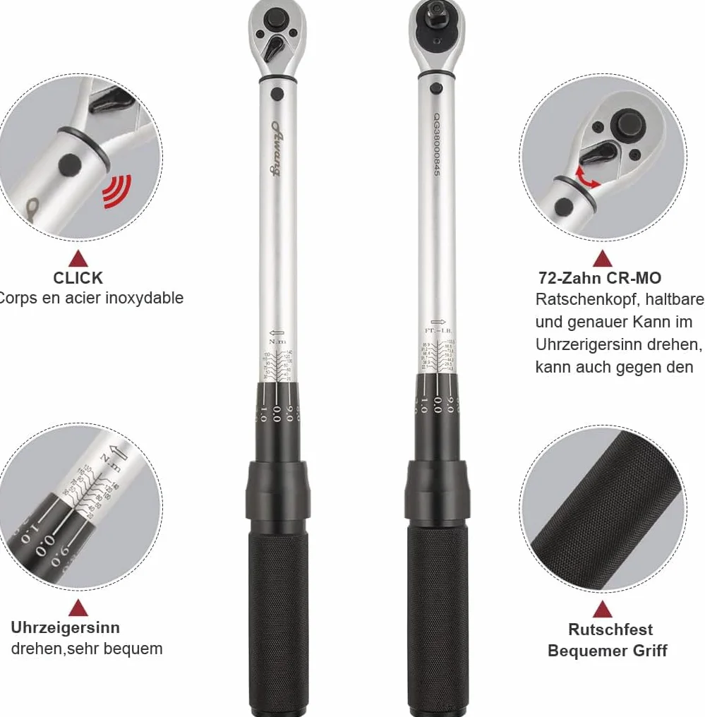 Awang Juego de llaves de torque 1/2”, 25-220 Nm con adaptador, extensión y maletín, preciso y fácil de usar para automóvil y motocicleta