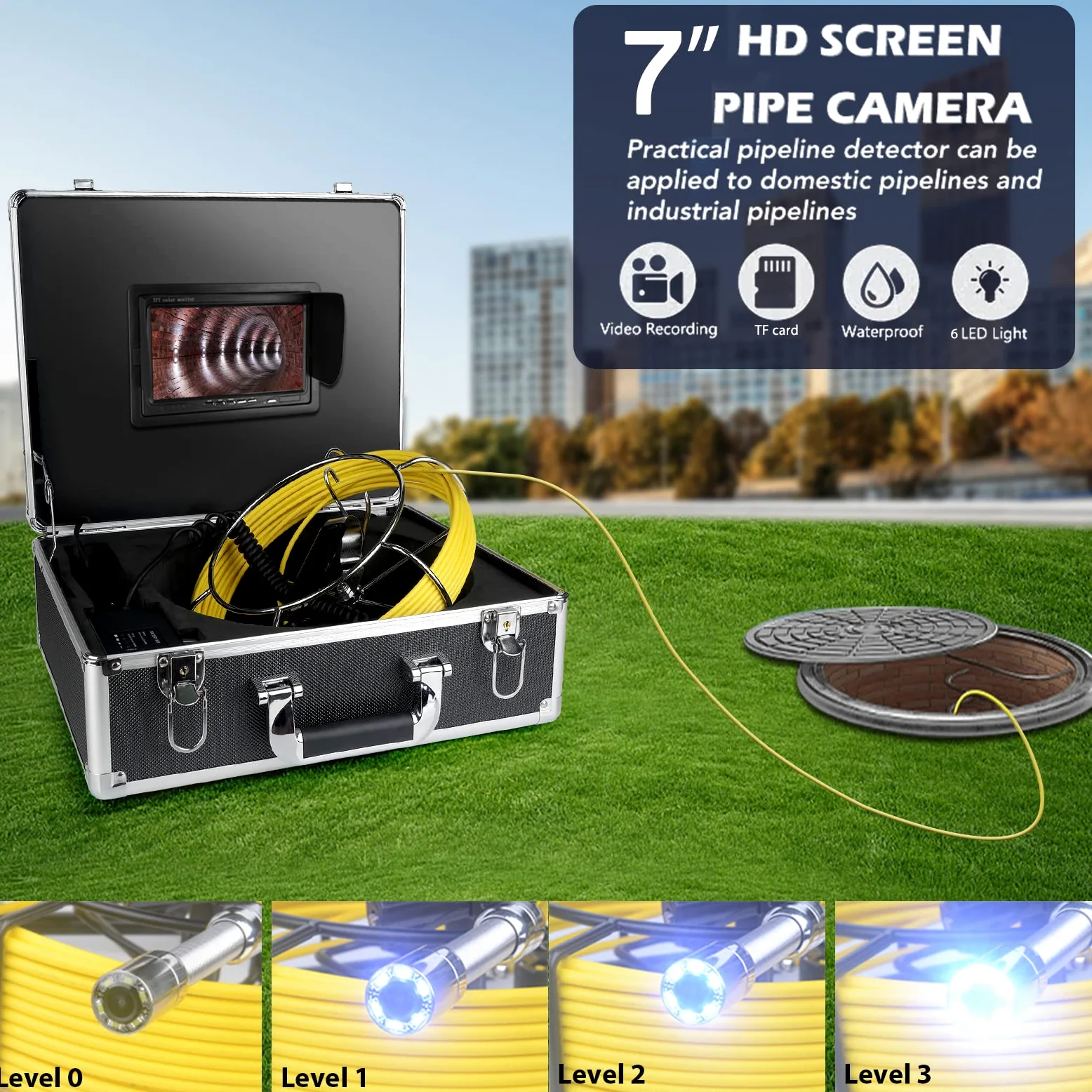KAOLALI Cámara Endoscópica 50M con DVR, Cámara Inspección Tuberias de 7 Pulgadas, Cámaras para Boroscopio IP68 Impermeable Cámaras de Inspección ángulo de 110° con 6 Lámparas LED, SD 8 GB