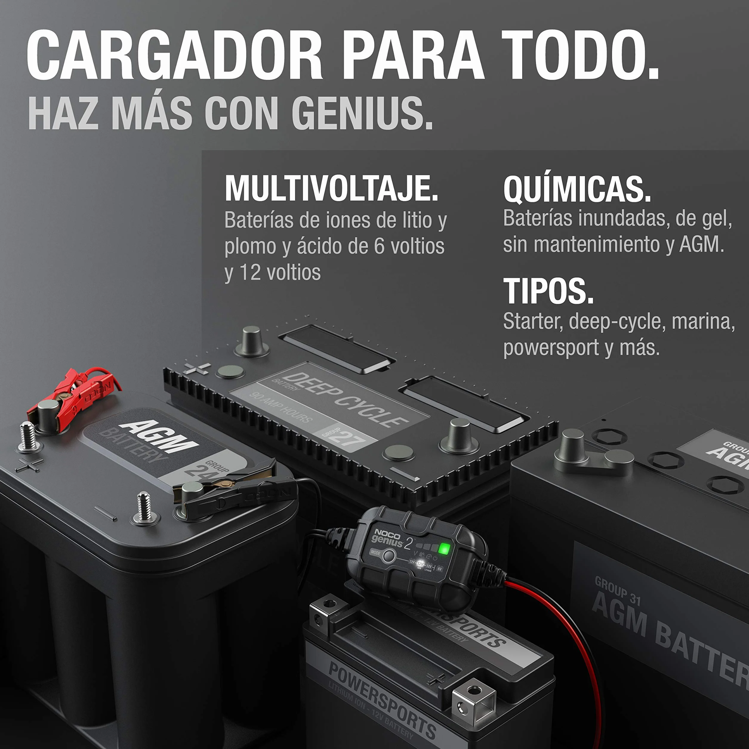 NOCO GENIUS2: Cargador Inteligente de baterías 2A 6V/12V – Mantenedor automático y desulfatador – Protección contra sobrecarga y compensación térmica – para baterías de Plomo y Litio