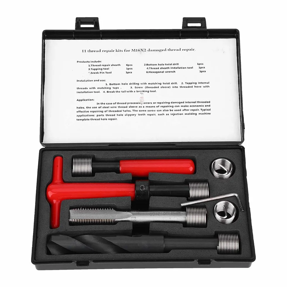 Kit de Reparación de Roscas, M16x2 Acero Inoxidable Taladro Retorcido Llave de Rosca Herramienta de Inserción Roscada Kit de Inserción de Rosca Helicoidal Para Reparación de Roscas