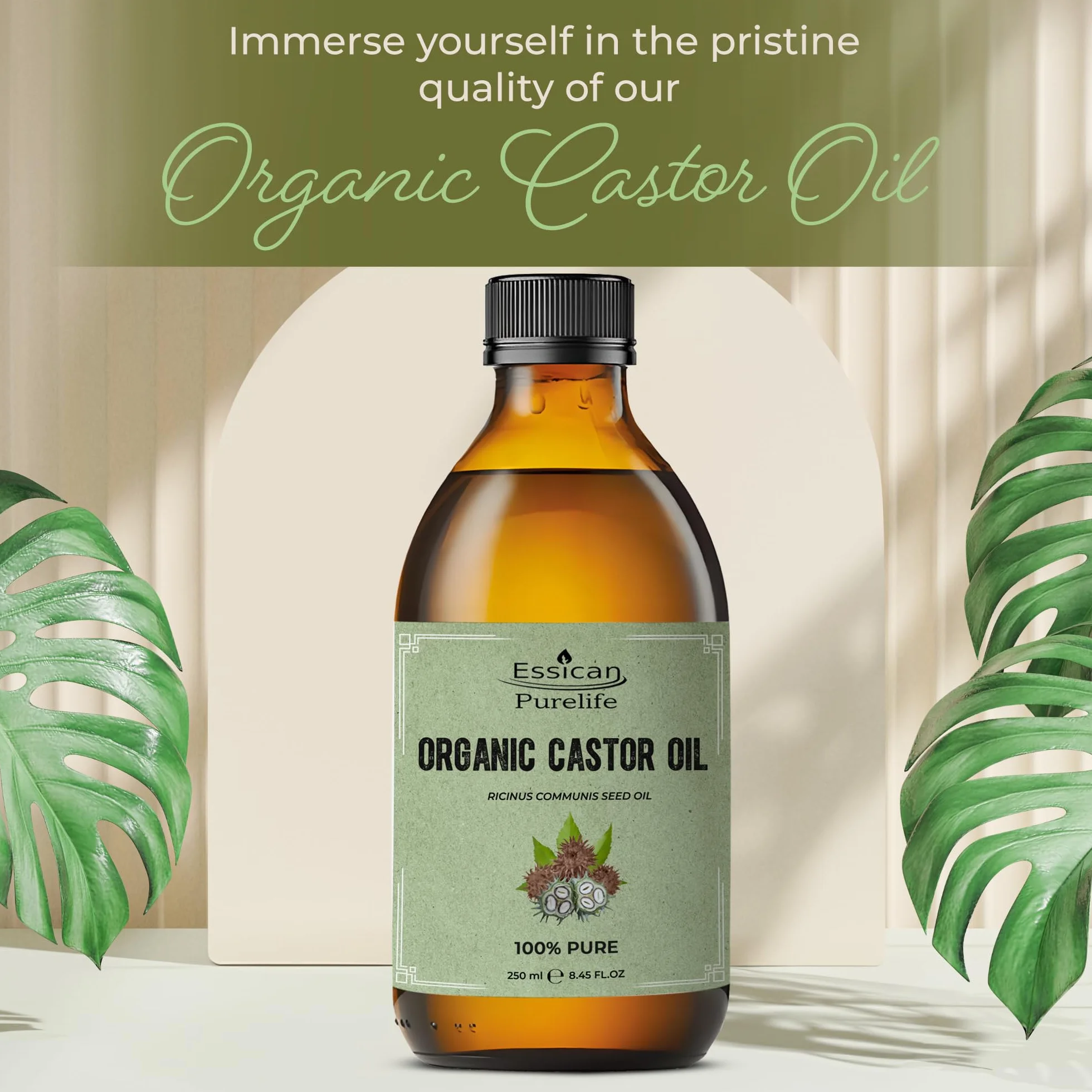Essican Purelife Aceite de Ricino Orgánico Sin Hexano 250ml, Prensado en Frío Natural para Piel, Rostro, Cuerpo, Cabello