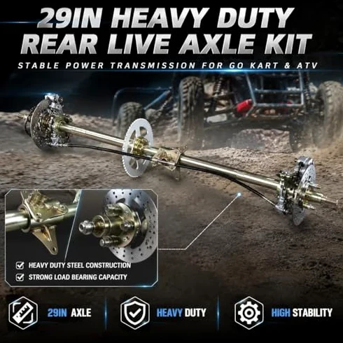 Marco Go Kart de 29 Pulgadas, Kit de Eje Go Kart, Kit de Montaje de Eje Trasero Vivo, Piñón de Eje, Cadena, Pinza de Disco de Freno, Bujes de Rueda de Repuesto para Quads ATV de