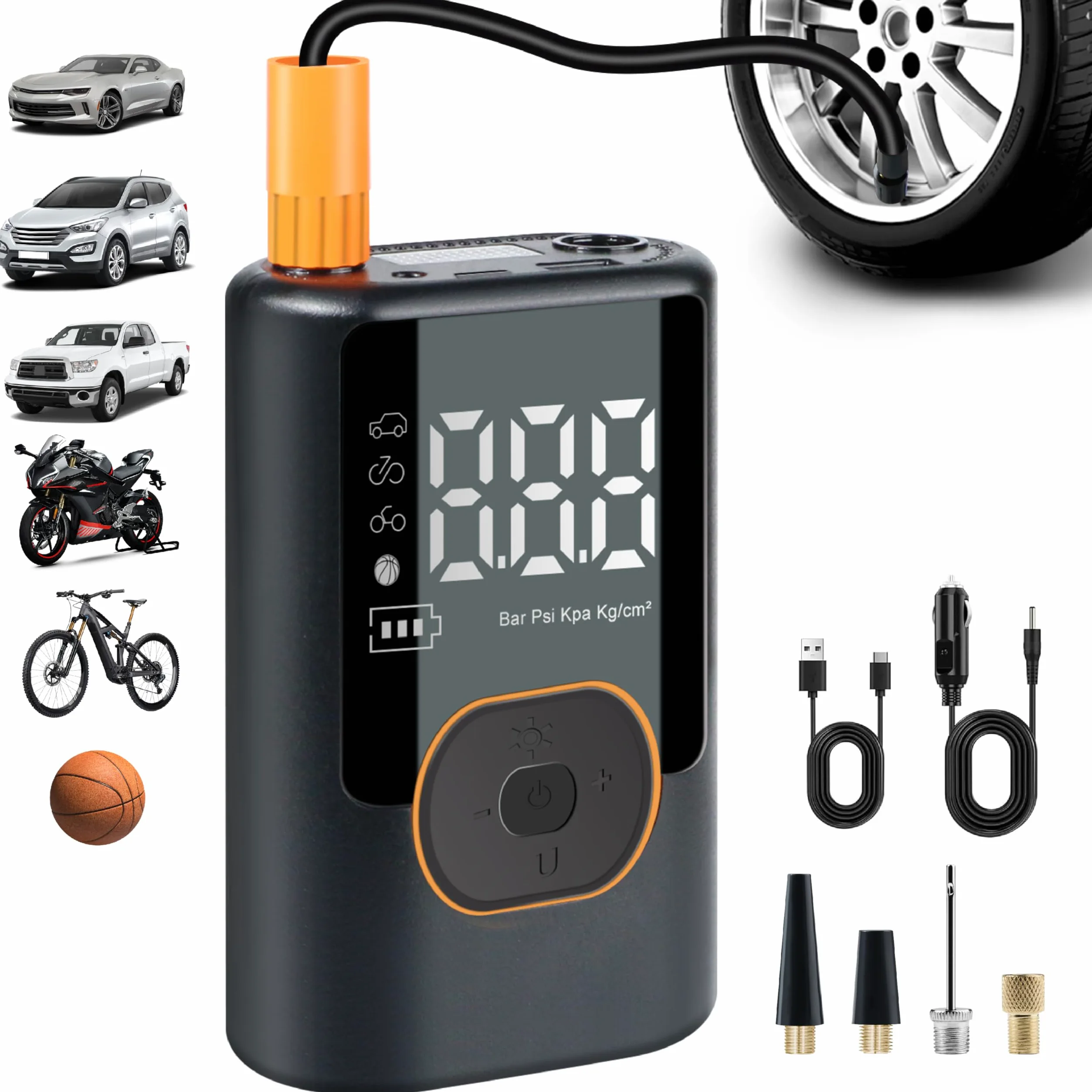Inflador de neumáticos portátil compresor de aire 150 PSI, bomba de aire inalámbrica para neumáticos de coche, motocicleta, bicicleta, bolas con manómetro, luz LED, apagado automático