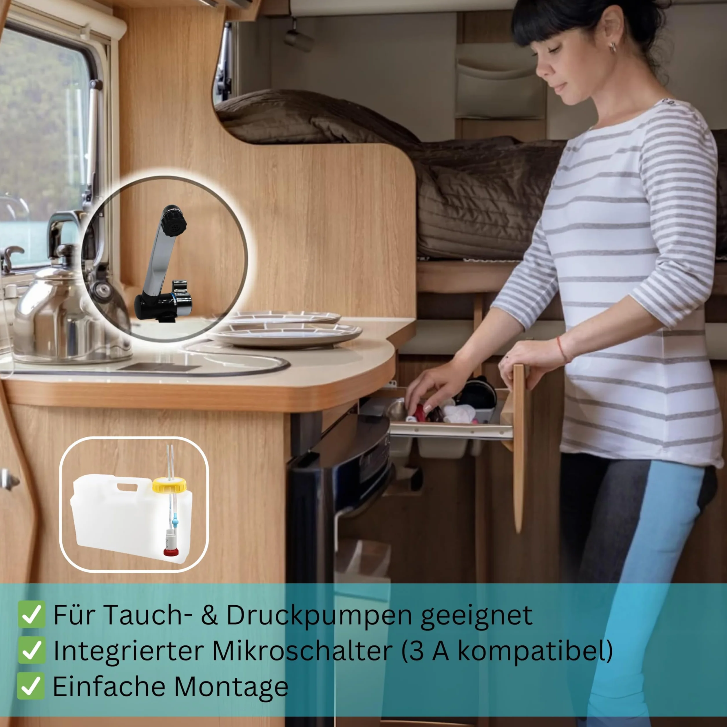 Comet Grifo de camping 12V London para autocaravana - Con 2 conexiones (agua caliente y fría), negro/cromado, grifo compacto con bomba, ideal para lavabo