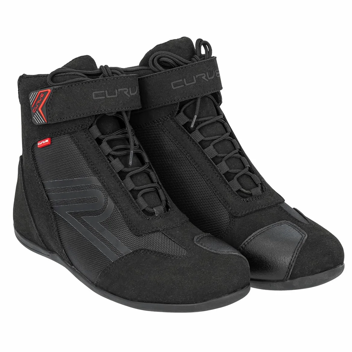 CURVE Botas moto Radium Negro, Micro amara, Protección cambio, tobillo y talón, Cierre autoadherente con cordones, Suela antideslizante, Adultos, Hombre, Mujer, CE