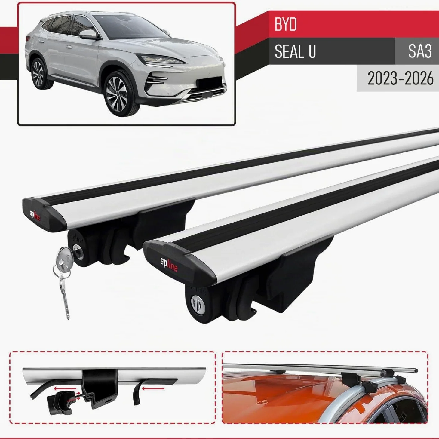 Compatible con BYD Seal U (SA3) 2023-2026 Modelo Hook Barra de Techo Auto Portaequipajes Barras Transversales Gris Aluminio 2 Barras