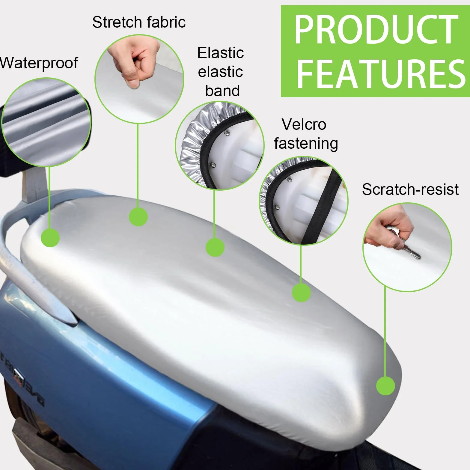 Funda Asiento Moto Antideslizante y Resistente a Arañazos, Protección Universal, Asiento Moto Protege de La Lluvia y el Sol, Funda Scooter para Todo Tipo de Motos y Scooters (Plateado)