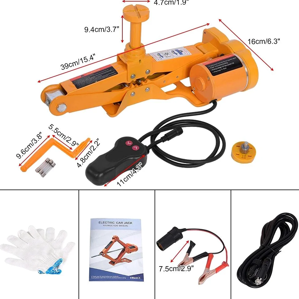 Gato Eléctrico de Coche 3T, 12V CC Gato eléctrico de Tijera Altura de elevación de Dos etapas (12-35cm y 17-42cm) con maletín de Almacenamiento y Guantes para SUV, Furgonetas, talleres
