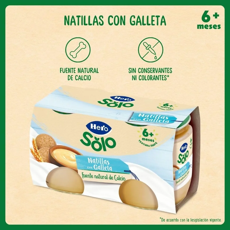 Hero Solo Tarrinas de Natillas con Galleta, Fuente Natural de Calcio, Sin Aceite de Palma, 6 Packs de 2x130gr