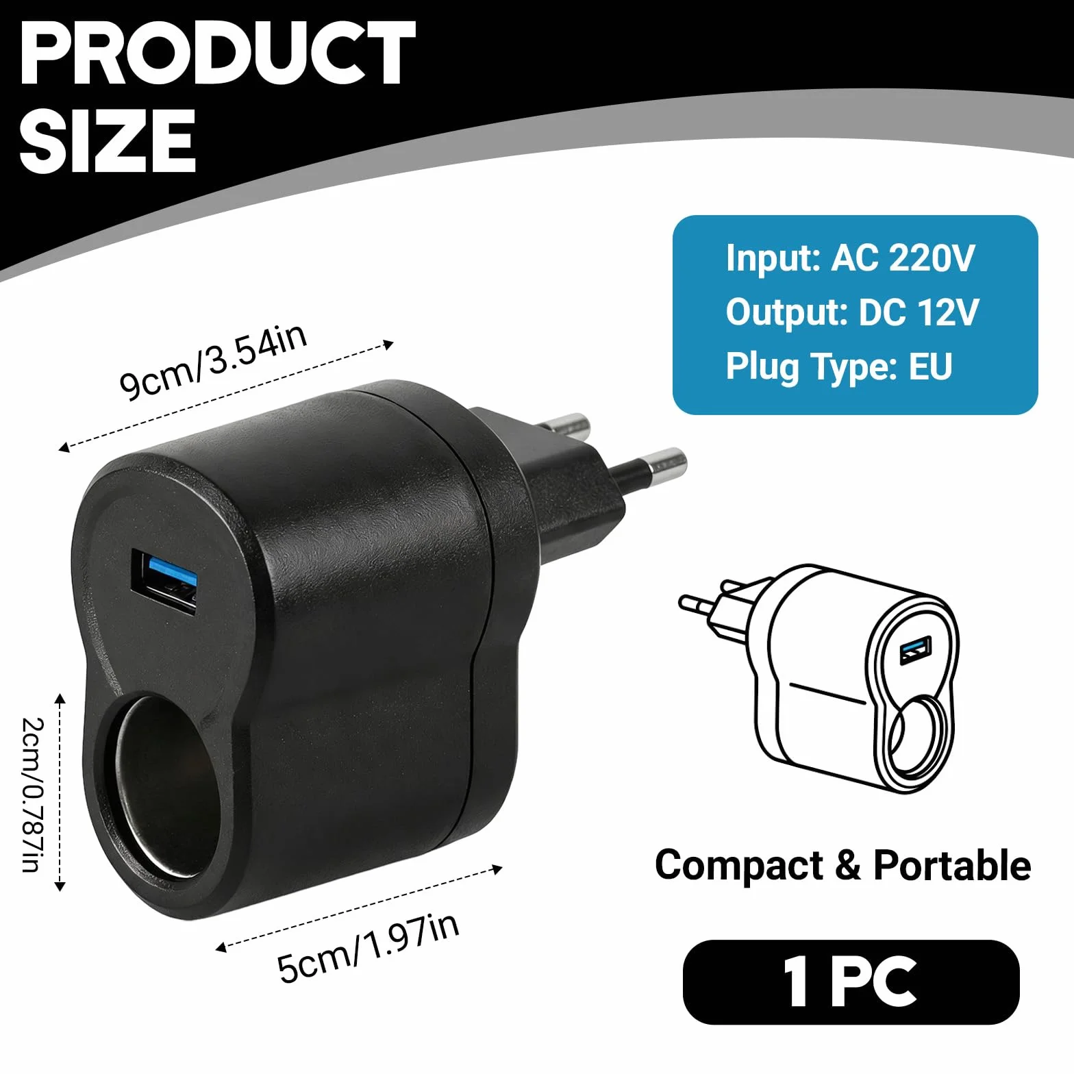 Adaptador de Corriente 220V a 12V para Mechero de Coche, Convertidor AC/DC con Toma Encendedor y USB 5V/1A, Solo para Accesorios de Bajo Consumo hasta 6W, GPS y Luces LED